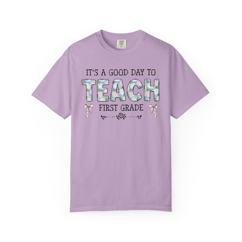 Floral First Grade Teacher Tee Shirt with Cute Bows, Matching Back to School T-Shirt with Flowers, First Day of School Teacher Team Shirt - Opal and June