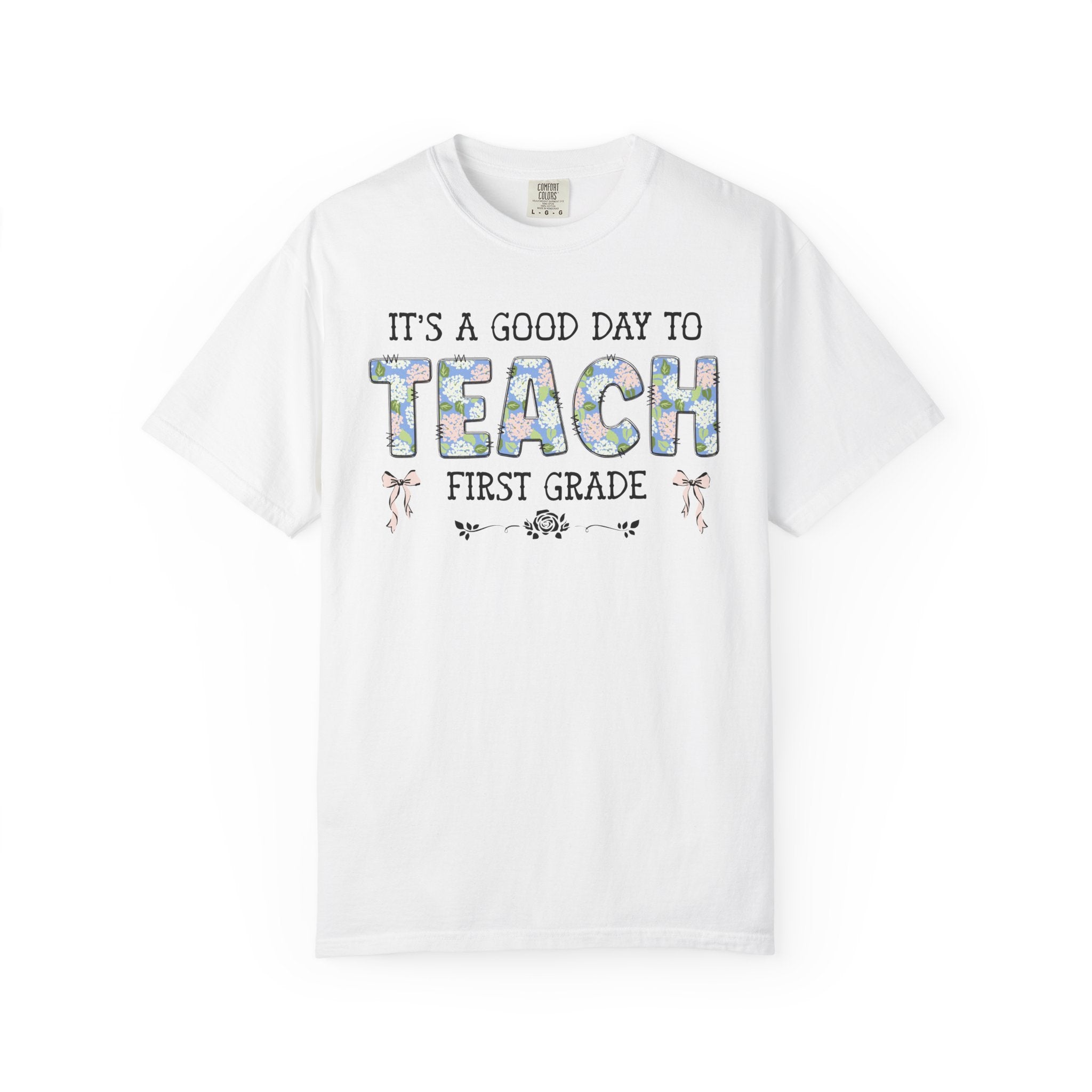 Floral First Grade Teacher Tee Shirt with Cute Bows, Matching Back to School T-Shirt with Flowers, First Day of School Teacher Team Shirt - Opal and June