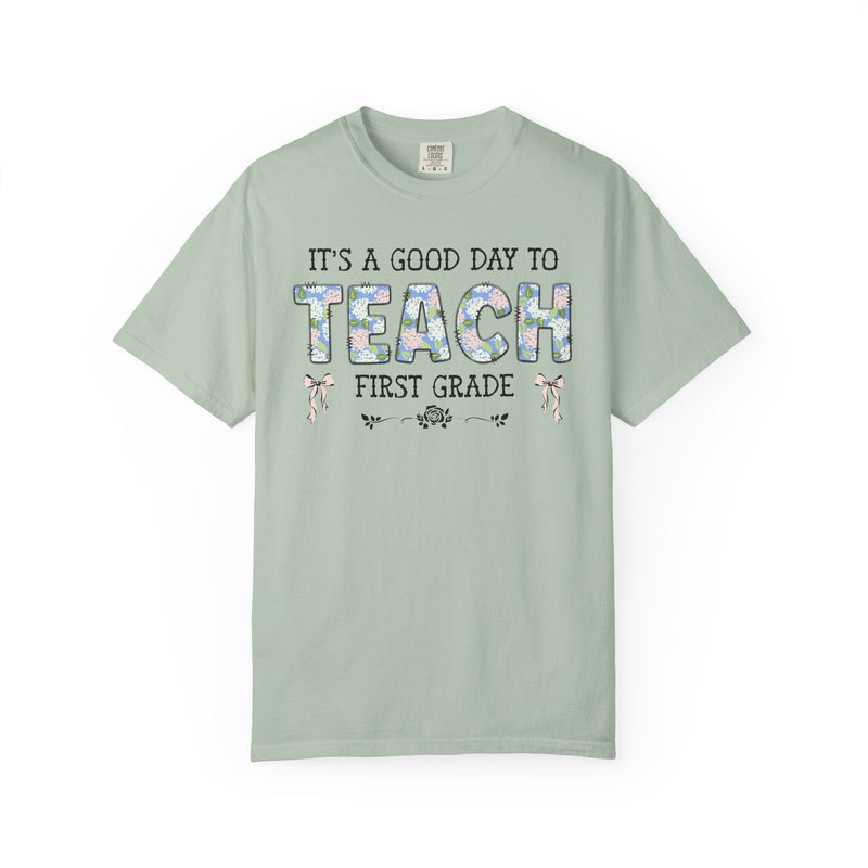 Floral First Grade Teacher Tee Shirt with Cute Bows, Matching Back to School T-Shirt with Flowers, First Day of School Teacher Team Shirt - Opal and June