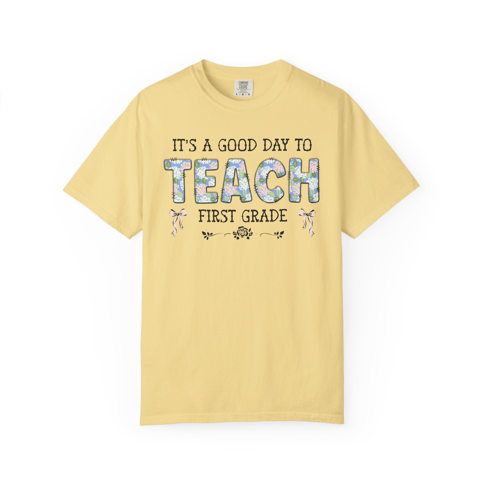Floral First Grade Teacher Tee Shirt with Cute Bows, Matching Back to School T-Shirt with Flowers, First Day of School Teacher Team Shirt - Opal and June