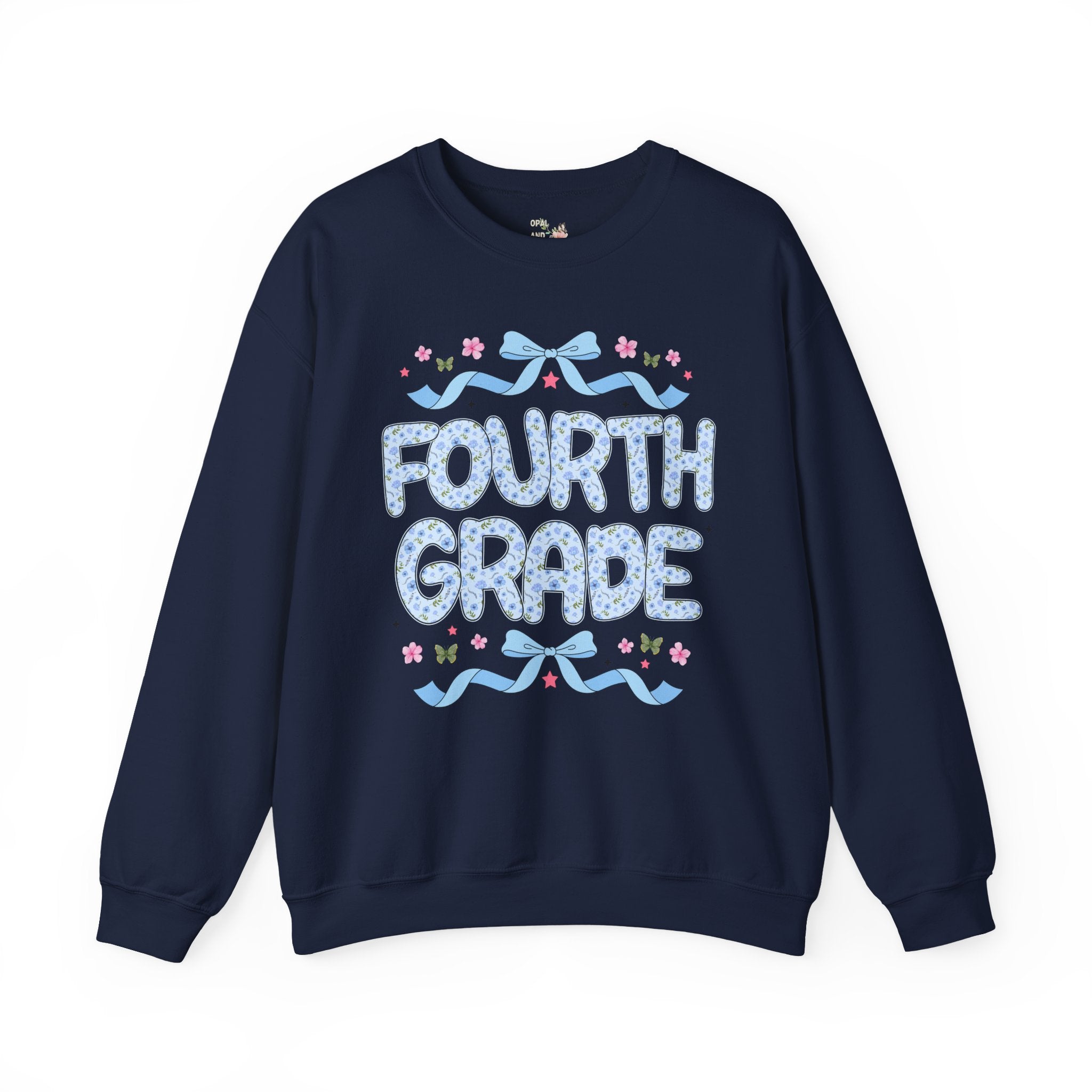 Floral Fourth Grade Teacher Sweatshirt, Matching Teacher Team Sweatshirt with Bow and Flowers, Cute Dreamcore 90s Aesthetic Back to School - Opal and June