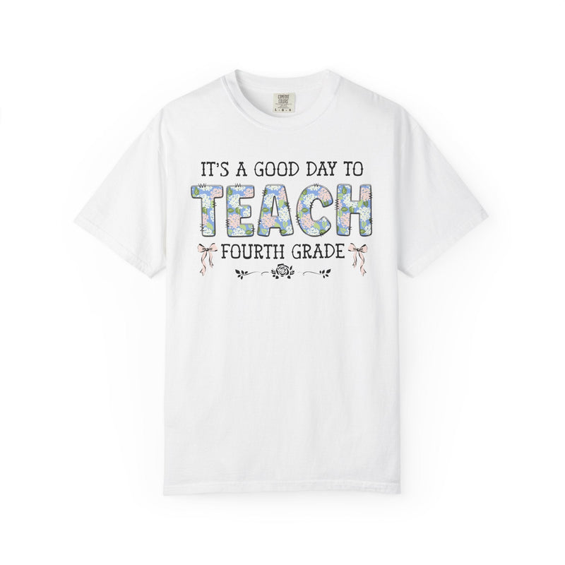 Floral Fourth Grade Teacher Tee Shirt with Cute Bows, Matching Back to School T-Shirt with Flowers, First Day of School Teacher Team Shirt - Opal and June