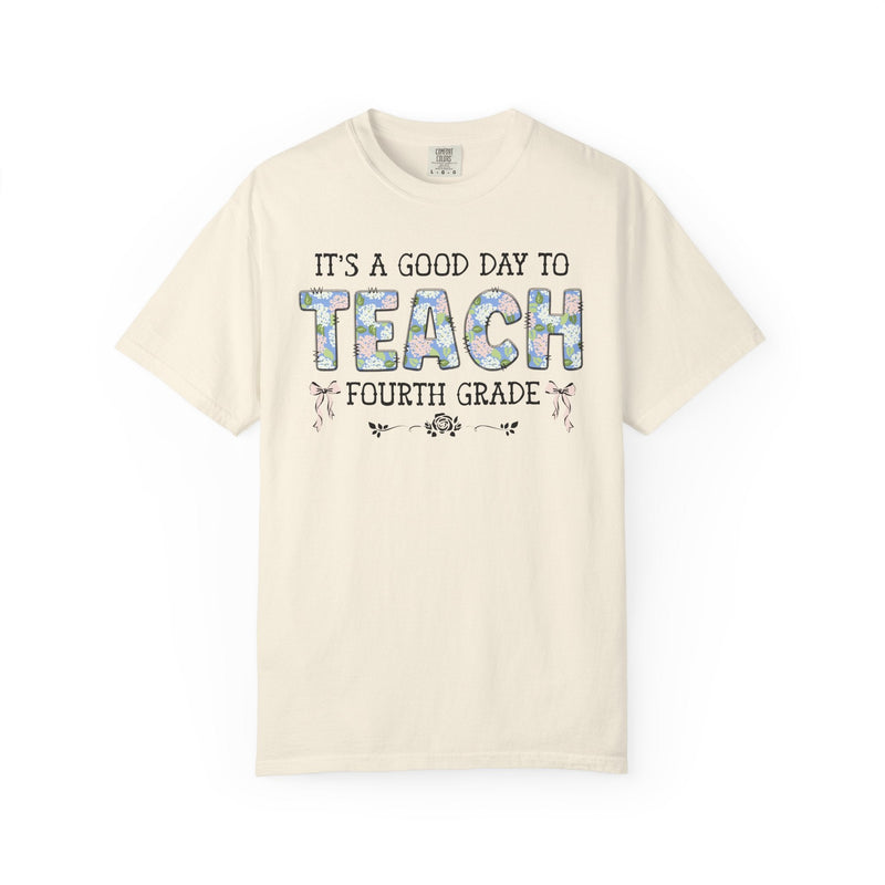 Floral Fourth Grade Teacher Tee Shirt with Cute Bows, Matching Back to School T-Shirt with Flowers, First Day of School Teacher Team Shirt - Opal and June