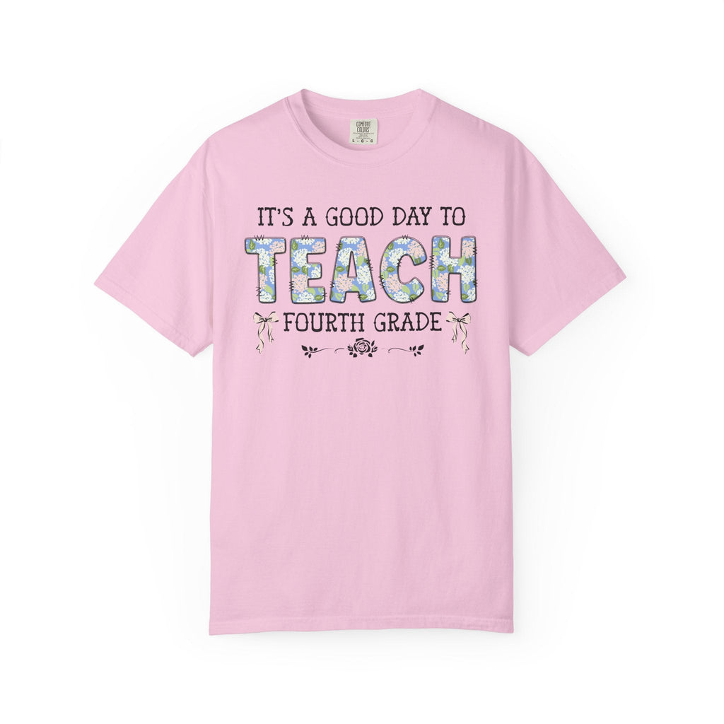 Floral Fourth Grade Teacher Tee Shirt with Cute Bows, Matching Back to School T-Shirt with Flowers, First Day of School Teacher Team Shirt - Opal and June
