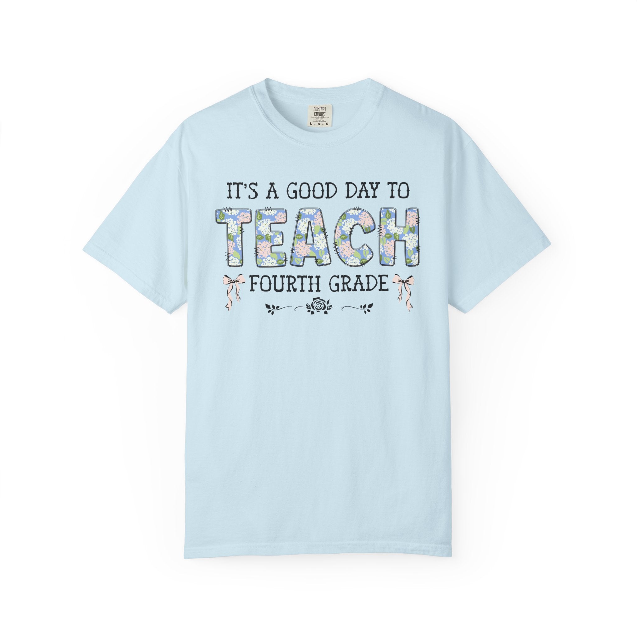 Floral Fourth Grade Teacher Tee Shirt with Cute Bows, Matching Back to School T-Shirt with Flowers, First Day of School Teacher Team Shirt - Opal and June