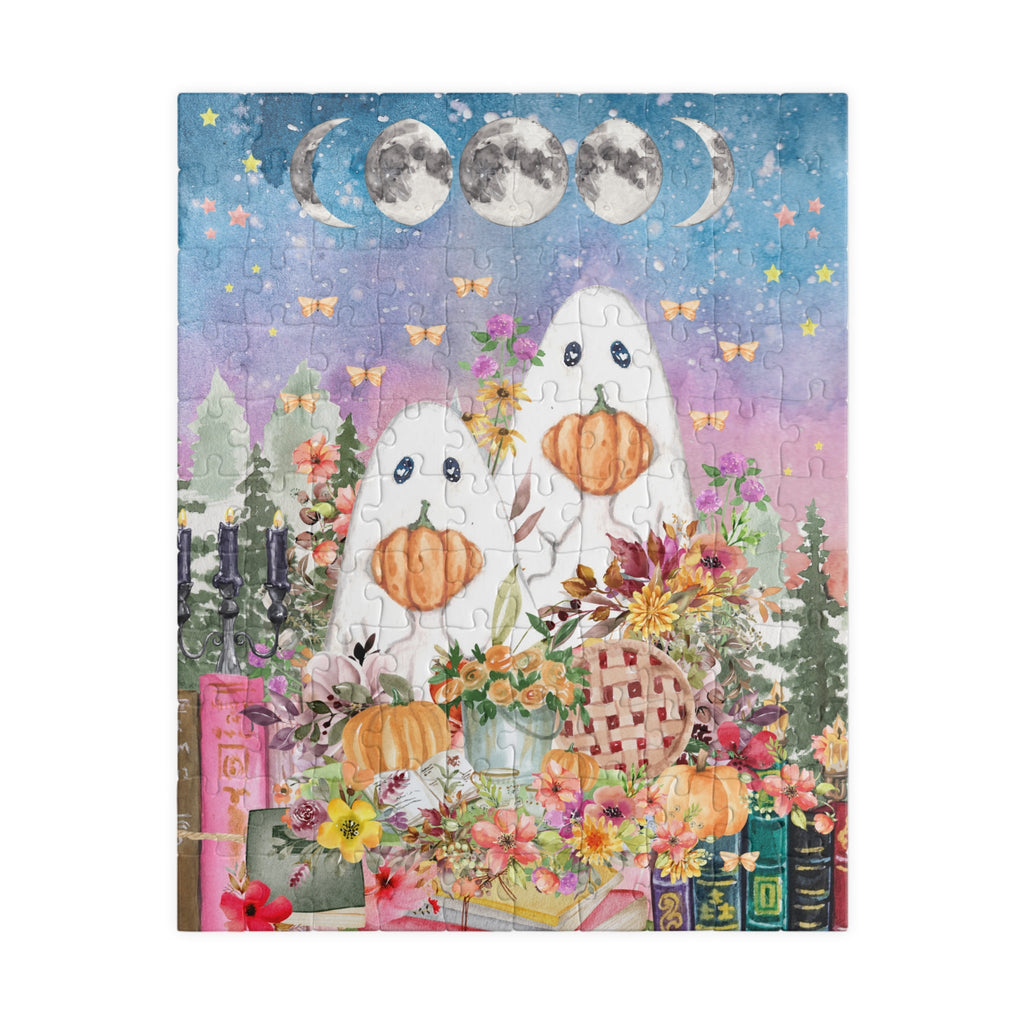 Floral Ghost Halloween Puzzle with Cute Ghosts Holding Pumpkins - Opal and June