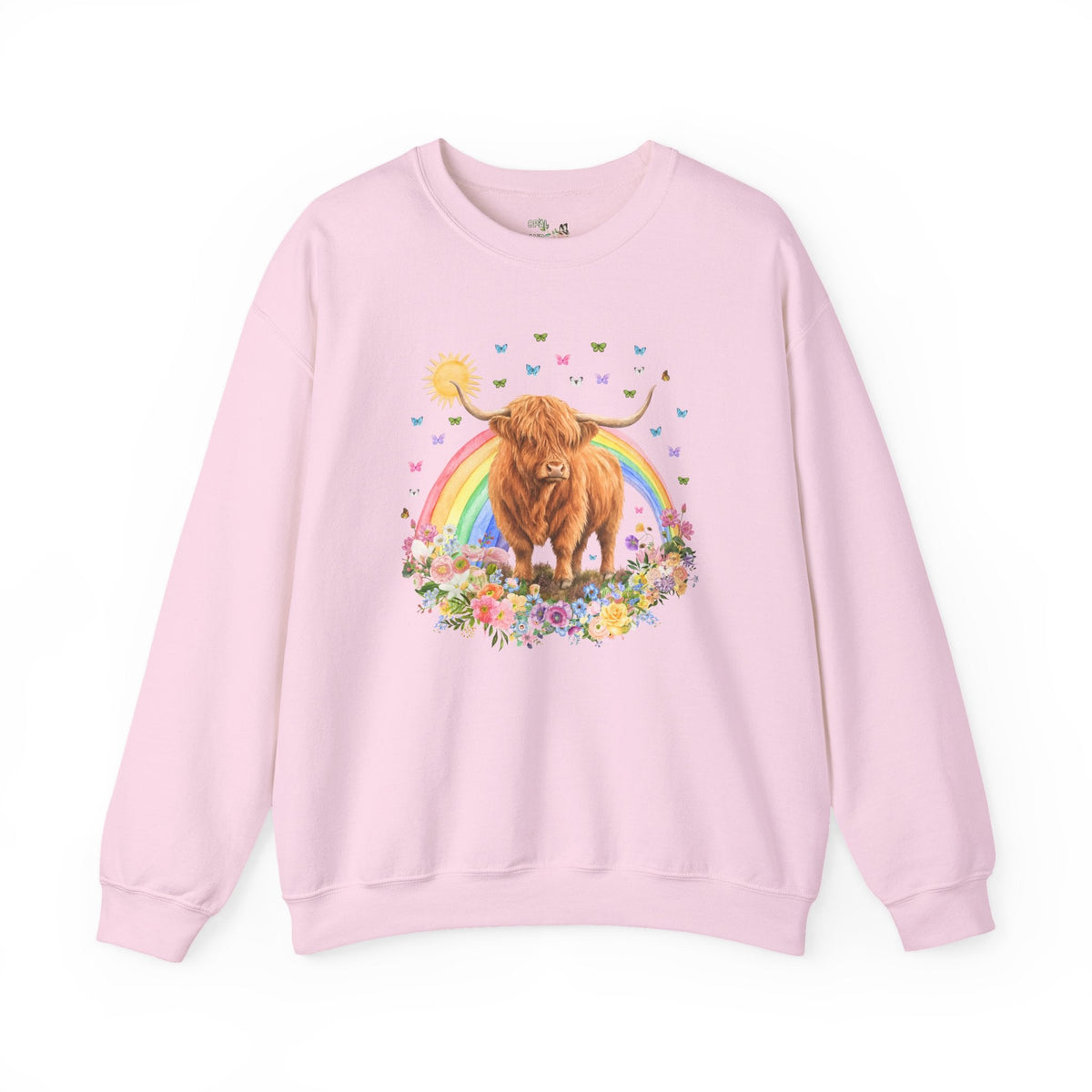 Floral Highland Cow Rainbow Sweatshirt with Butterflies for Animal Lover, Cute Nostalgic Maximalist Crewneck - Opal and June