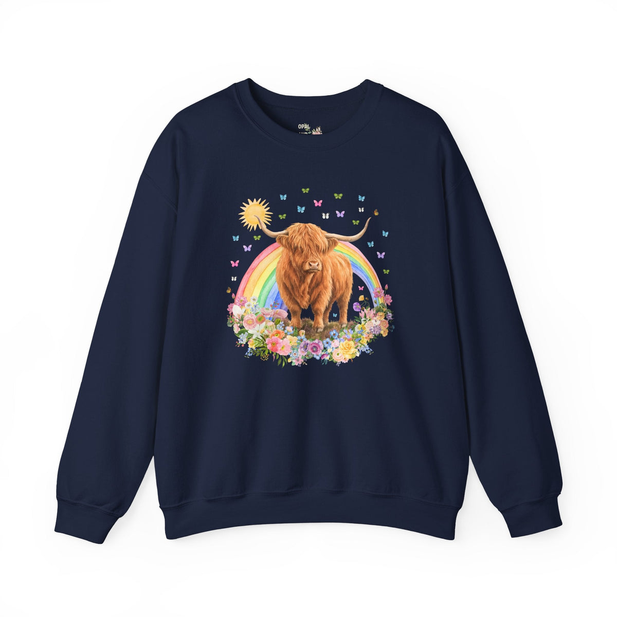 Floral Highland Cow Rainbow Sweatshirt with Butterflies for Animal Lover, Cute Nostalgic Maximalist Crewneck - Opal and June