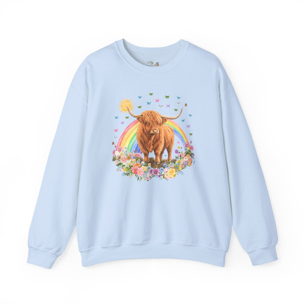 Floral Highland Cow Rainbow Sweatshirt with Butterflies for Animal Lover, Cute Nostalgic Maximalist Crewneck - Opal and June