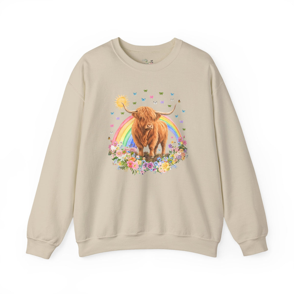 Floral Highland Cow Rainbow Sweatshirt with Butterflies for Animal Lover, Cute Nostalgic Maximalist Crewneck - Opal and June