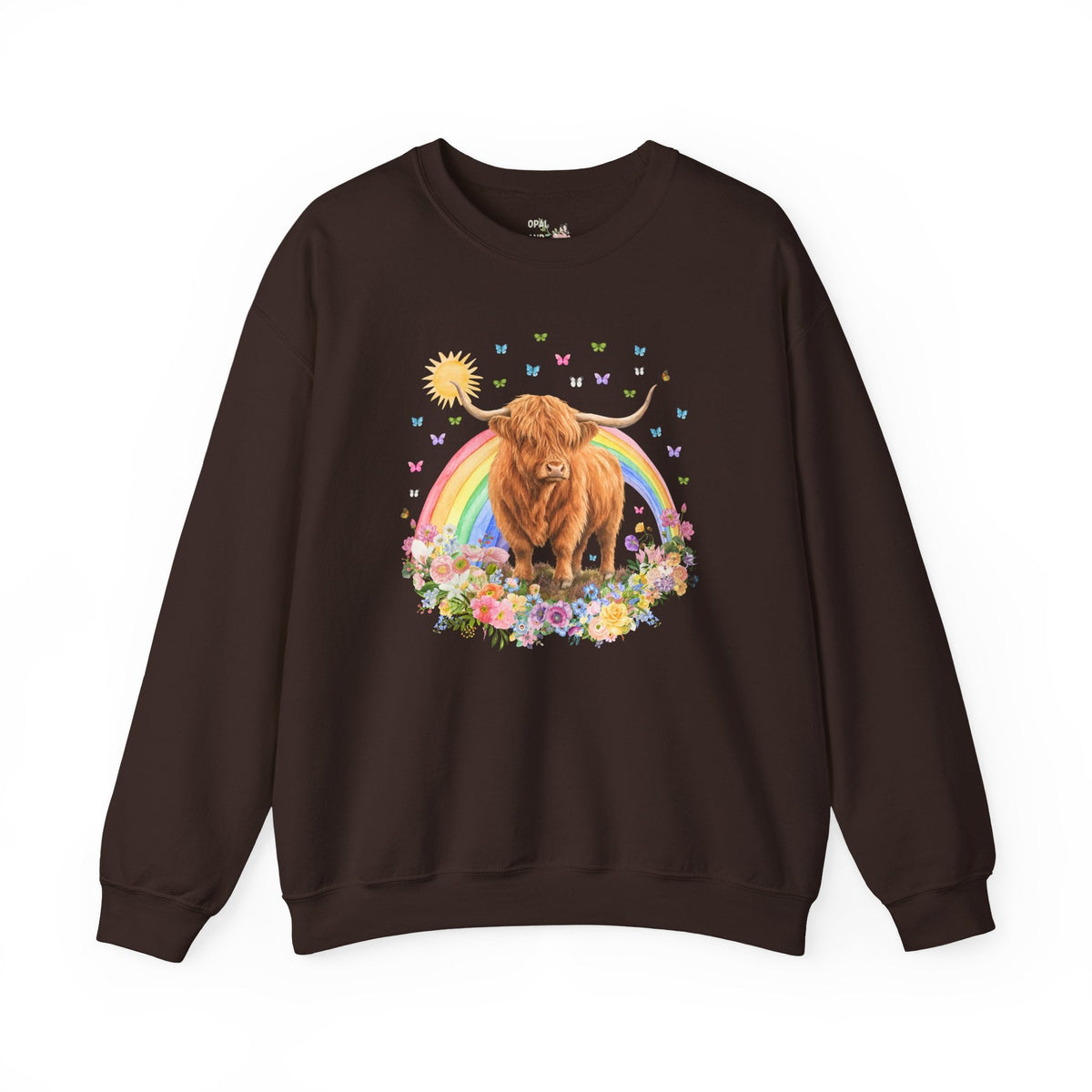Floral Highland Cow Rainbow Sweatshirt with Butterflies for Animal Lover, Cute Nostalgic Maximalist Crewneck - Opal and June