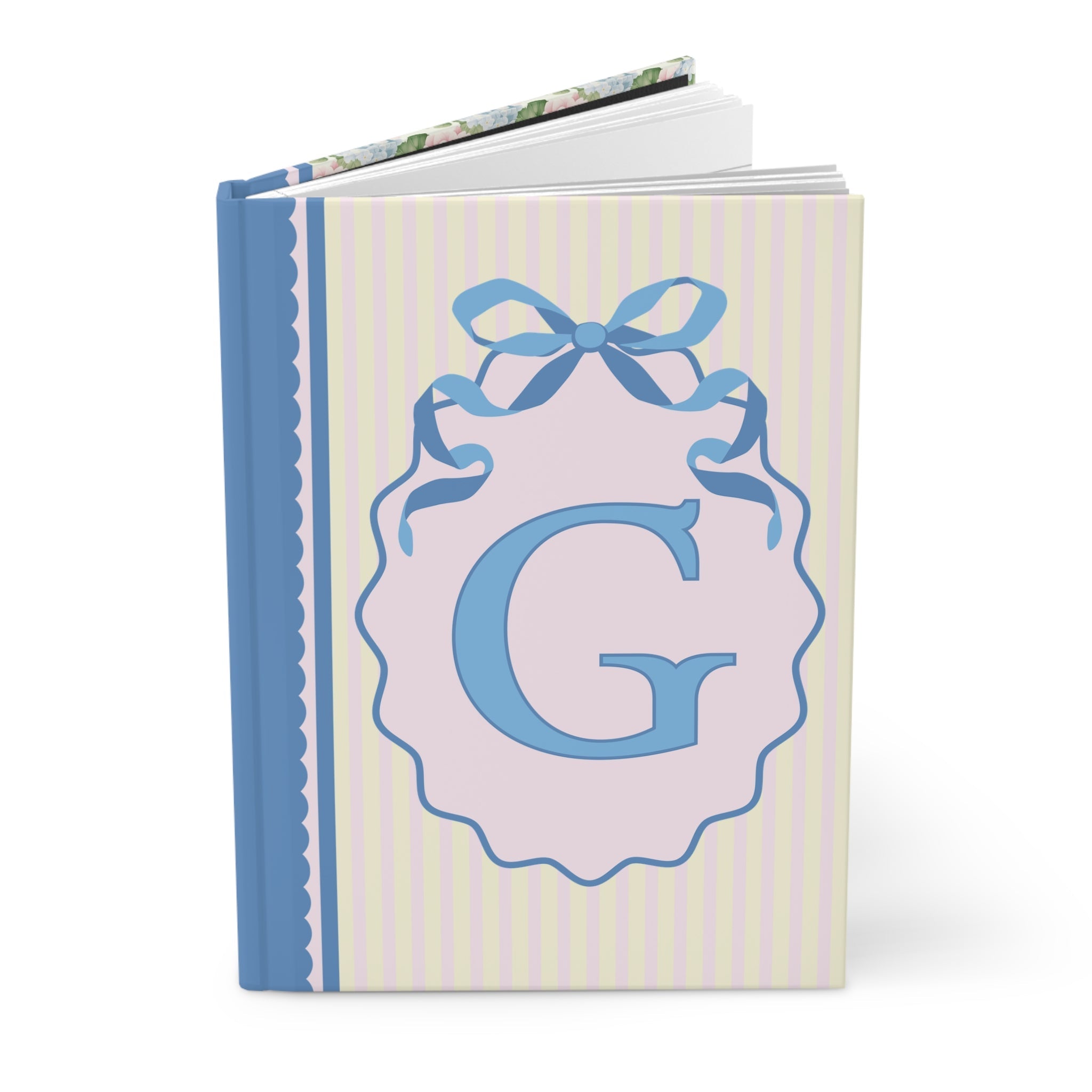 Floral Initial Notebook with Butterflies and Ribbon, Pastel Striped Hardcover Notebook with Flowers: G - Opal and June