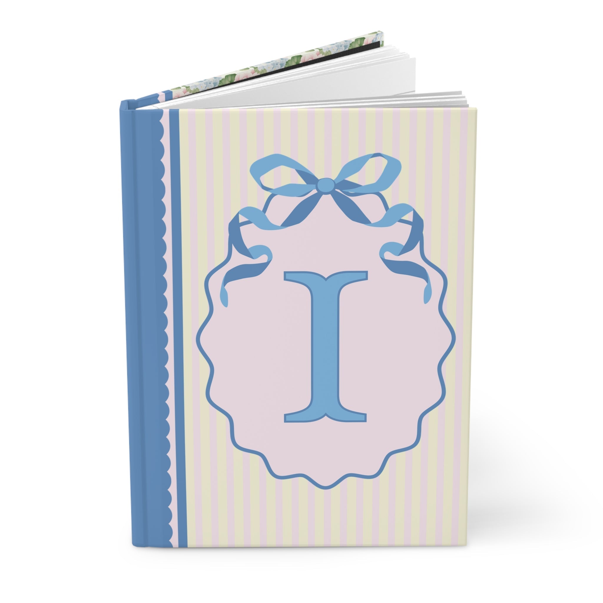 Floral Initial Notebook with Butterflies and Ribbon, Pastel Striped Hardcover Notebook with Flowers: I - Opal and June