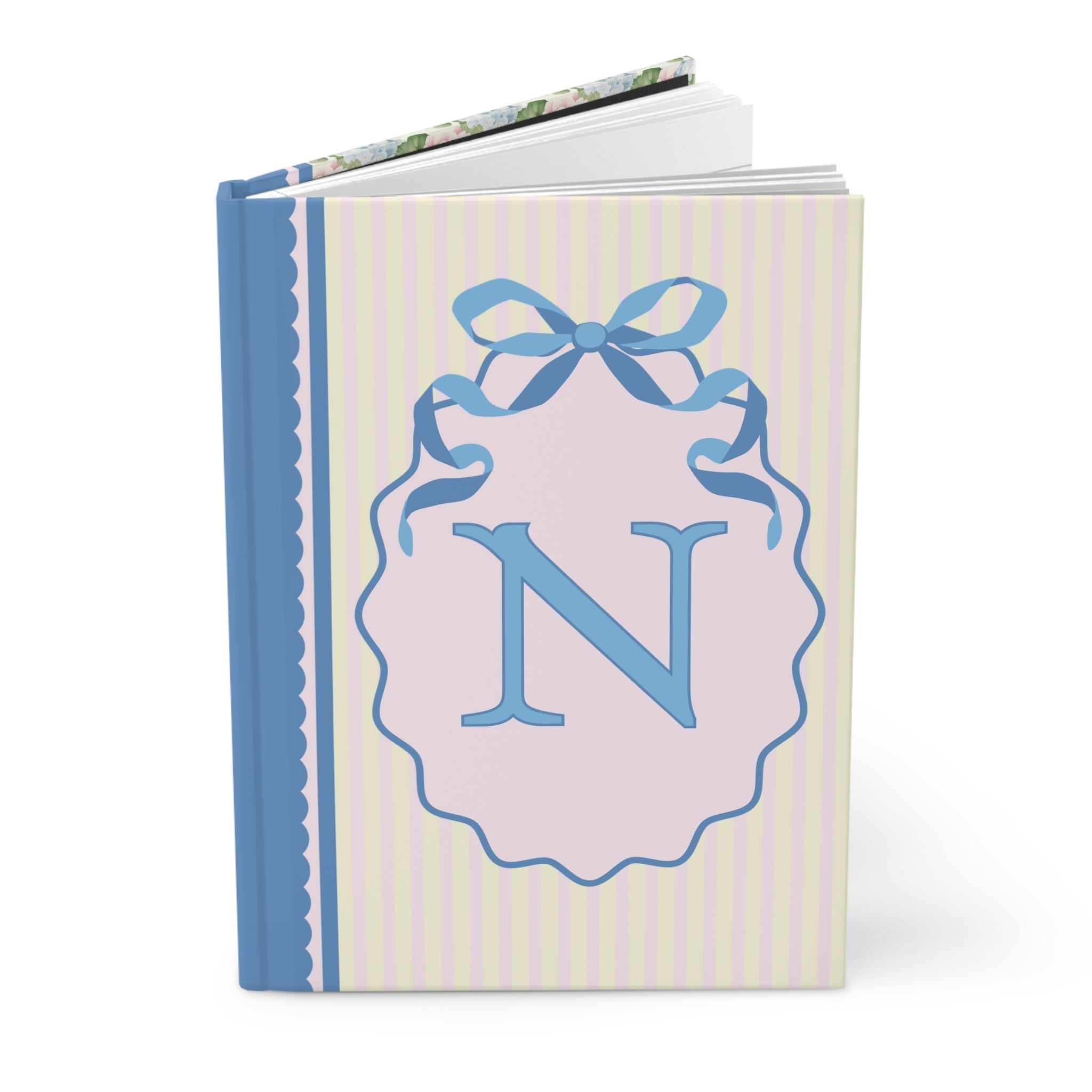 Floral Initial Notebook with Butterflies and Ribbon, Pastel Striped Hardcover Notebook with Flowers: N - Opal and June