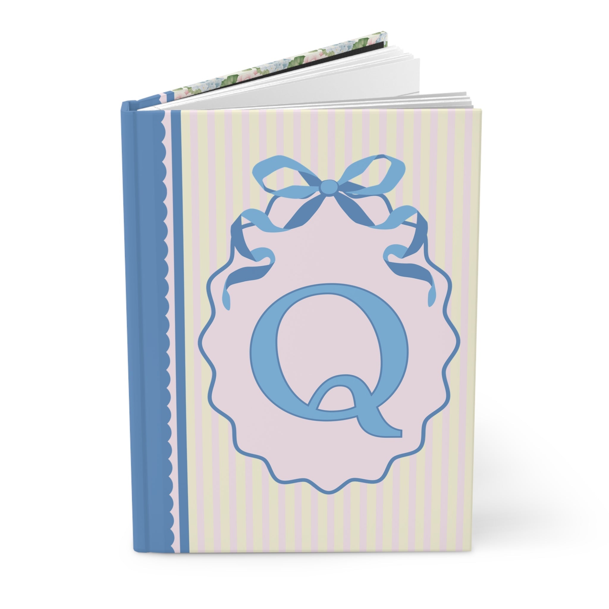 Floral Initial Notebook with Butterflies and Ribbon, Pastel Striped Hardcover Notebook with Flowers: Q - Opal and June