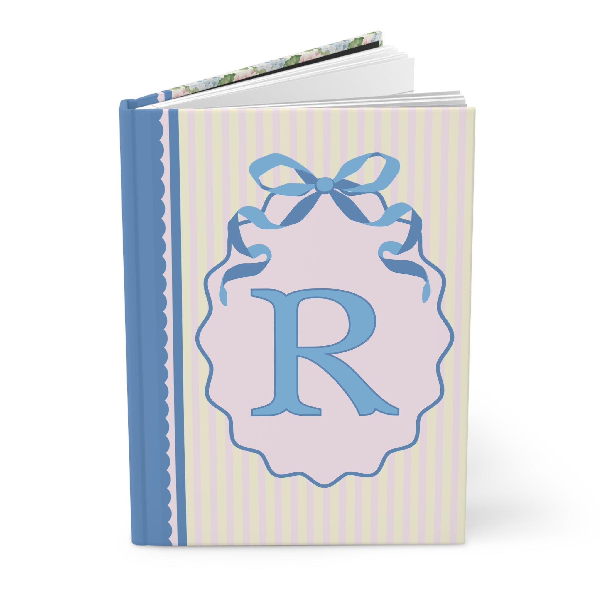 Floral Initial Notebook with Butterflies and Ribbon, Pastel Striped Hardcover Notebook with Flowers: R - Opal and June