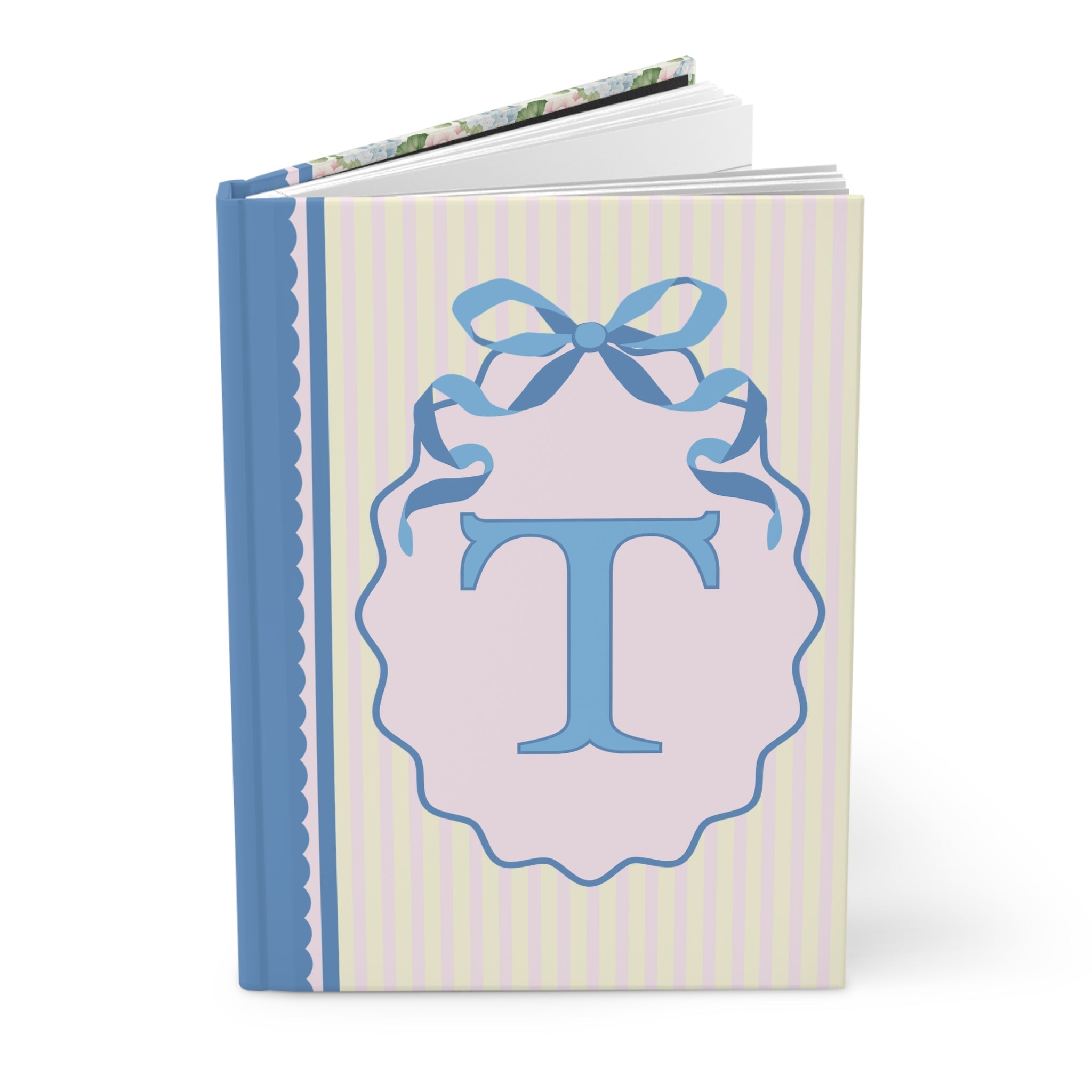 Floral Initial Notebook with Butterflies and Ribbon, Pastel Striped Hardcover Notebook with Flowers: T - Opal and June