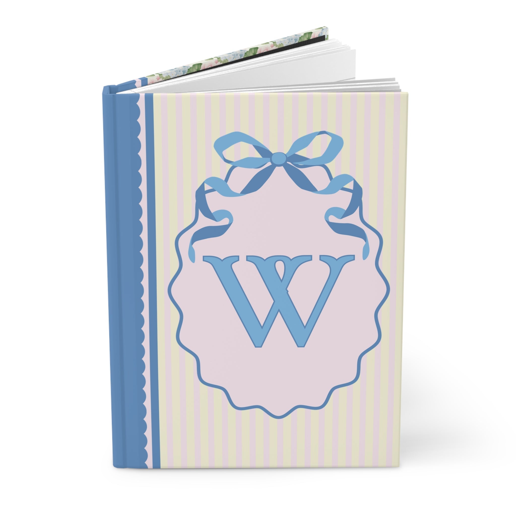 Floral Initial Notebook with Butterflies and Ribbon, Pastel Striped Hardcover Notebook with Flowers: W - Opal and June