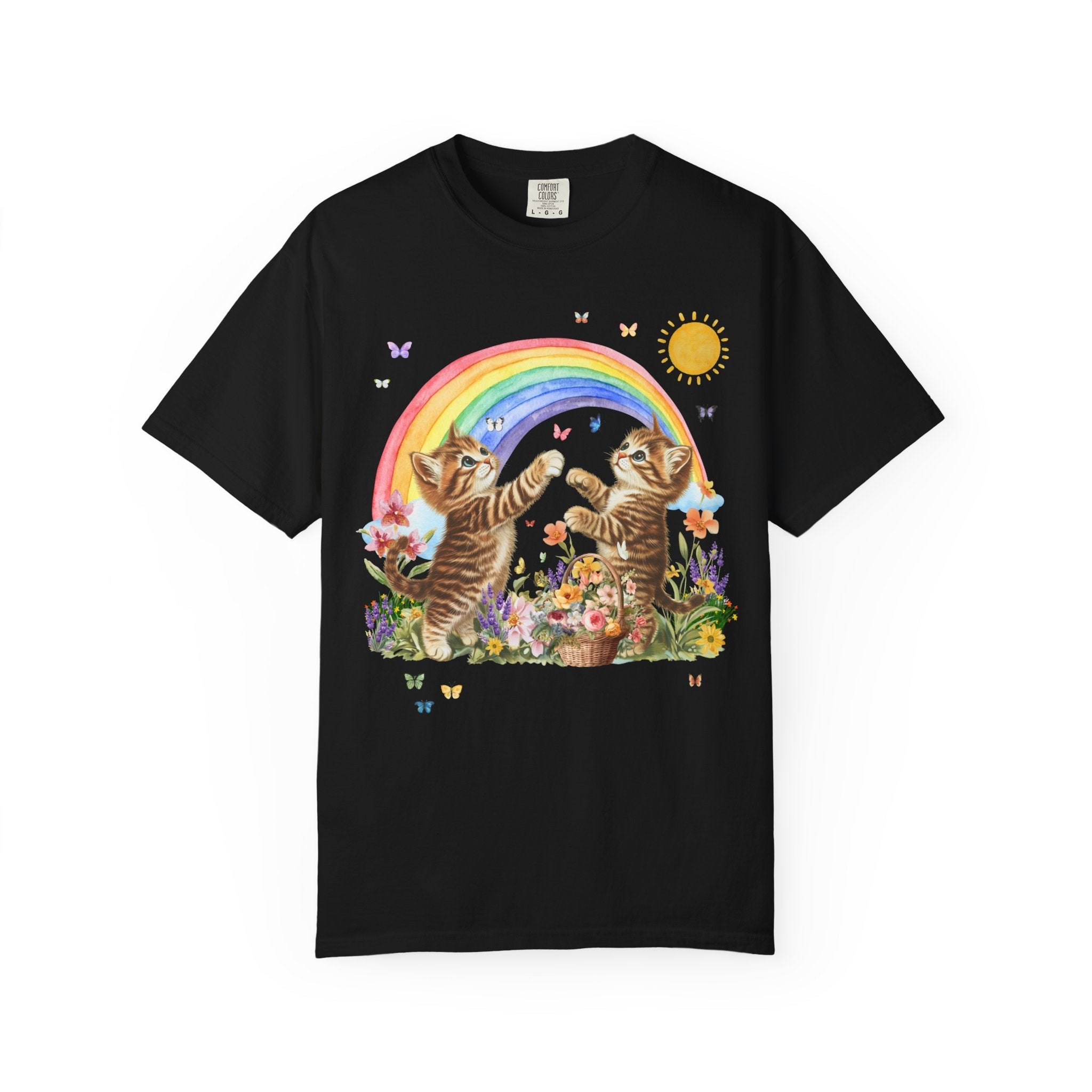 Floral Kitten Lover Tee Shirt with Flowers and Colorful Rainbow, Kitschy 90s Throwback T-Shirt with Butterflies, Cat Mom or Cat Dad Gift - Opal and June
