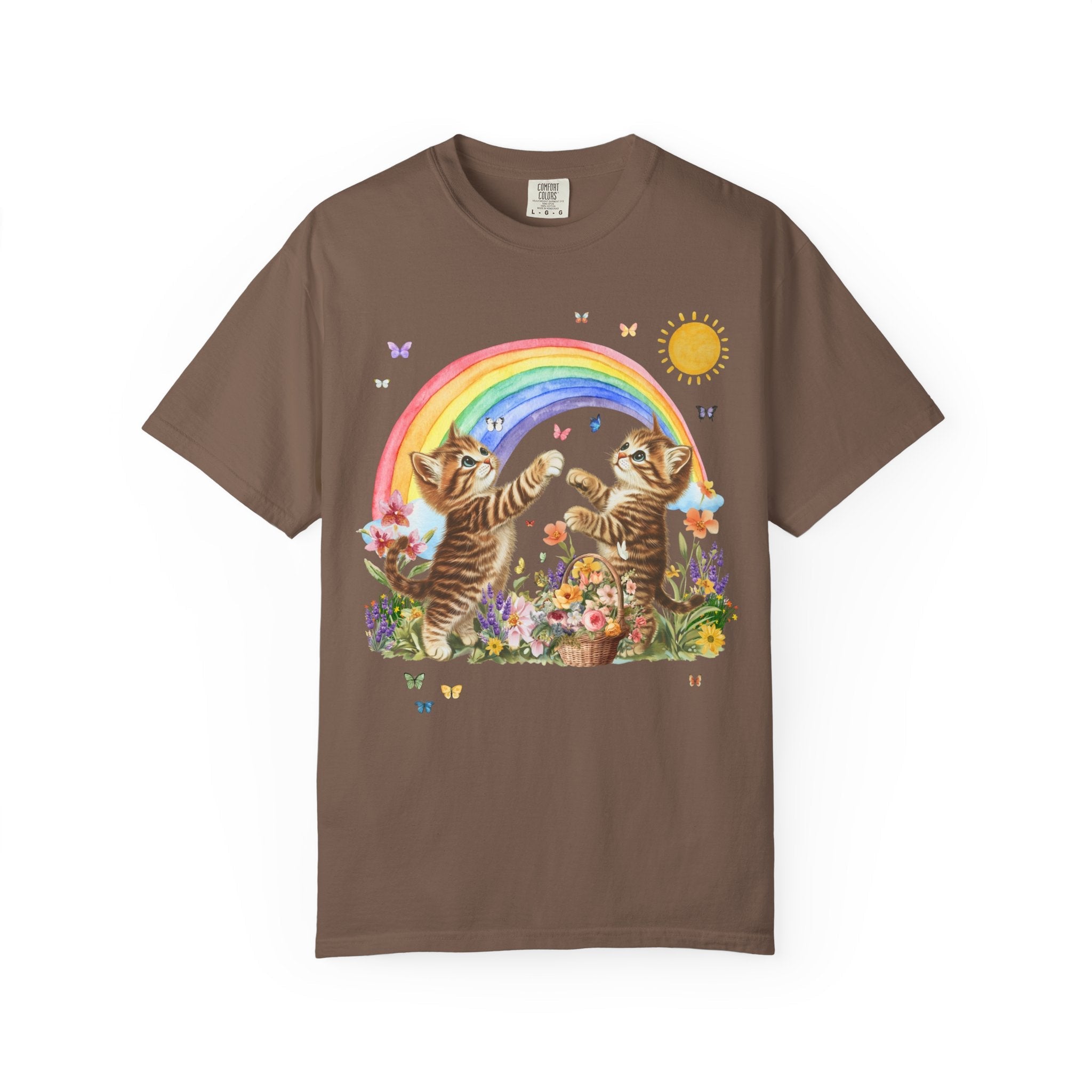 Floral Kitten Lover Tee Shirt with Flowers and Colorful Rainbow, Kitschy 90s Throwback T-Shirt with Butterflies, Cat Mom or Cat Dad Gift - Opal and June