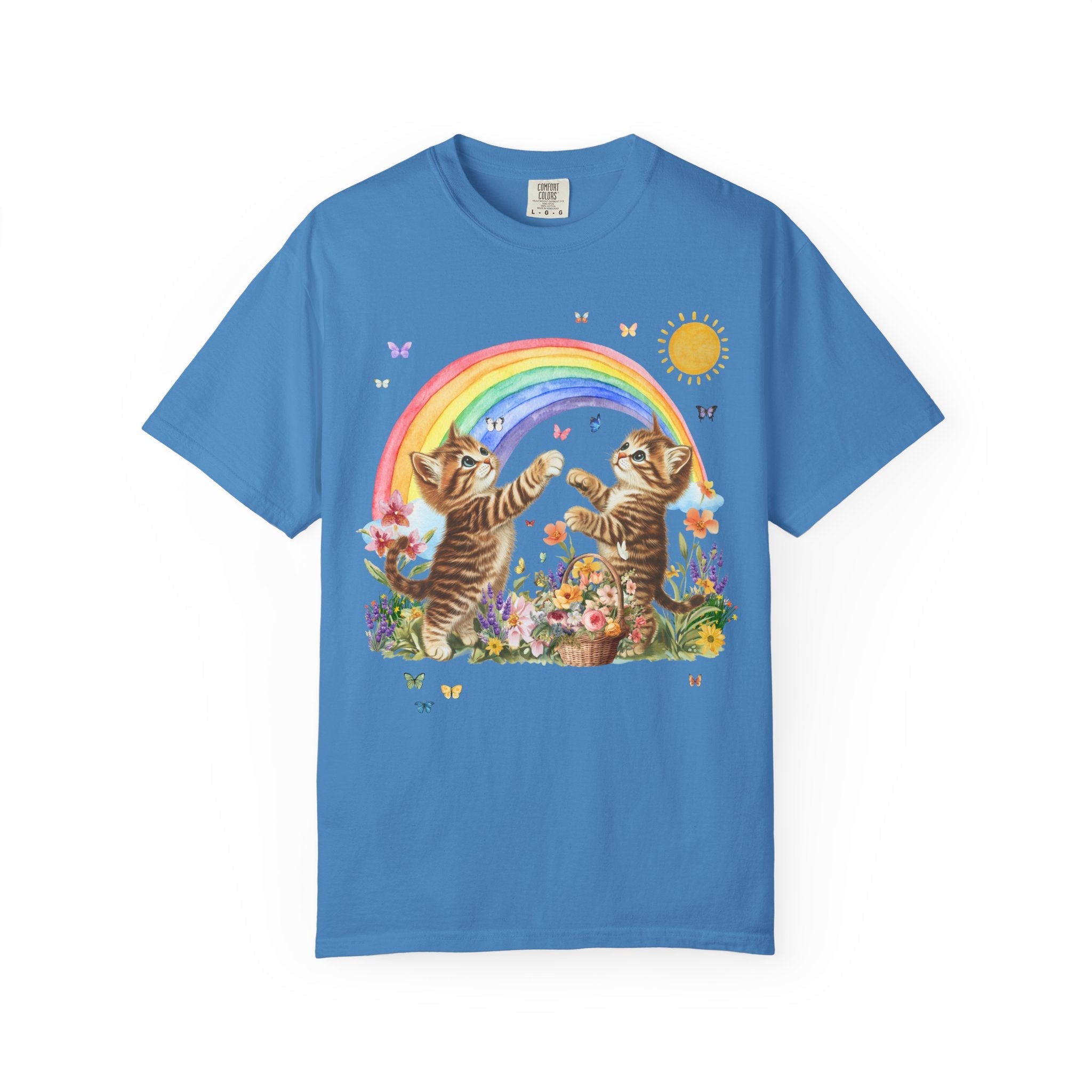 Floral Kitten Lover Tee Shirt with Flowers and Colorful Rainbow, Kitschy 90s Throwback T-Shirt with Butterflies, Cat Mom or Cat Dad Gift - Opal and June