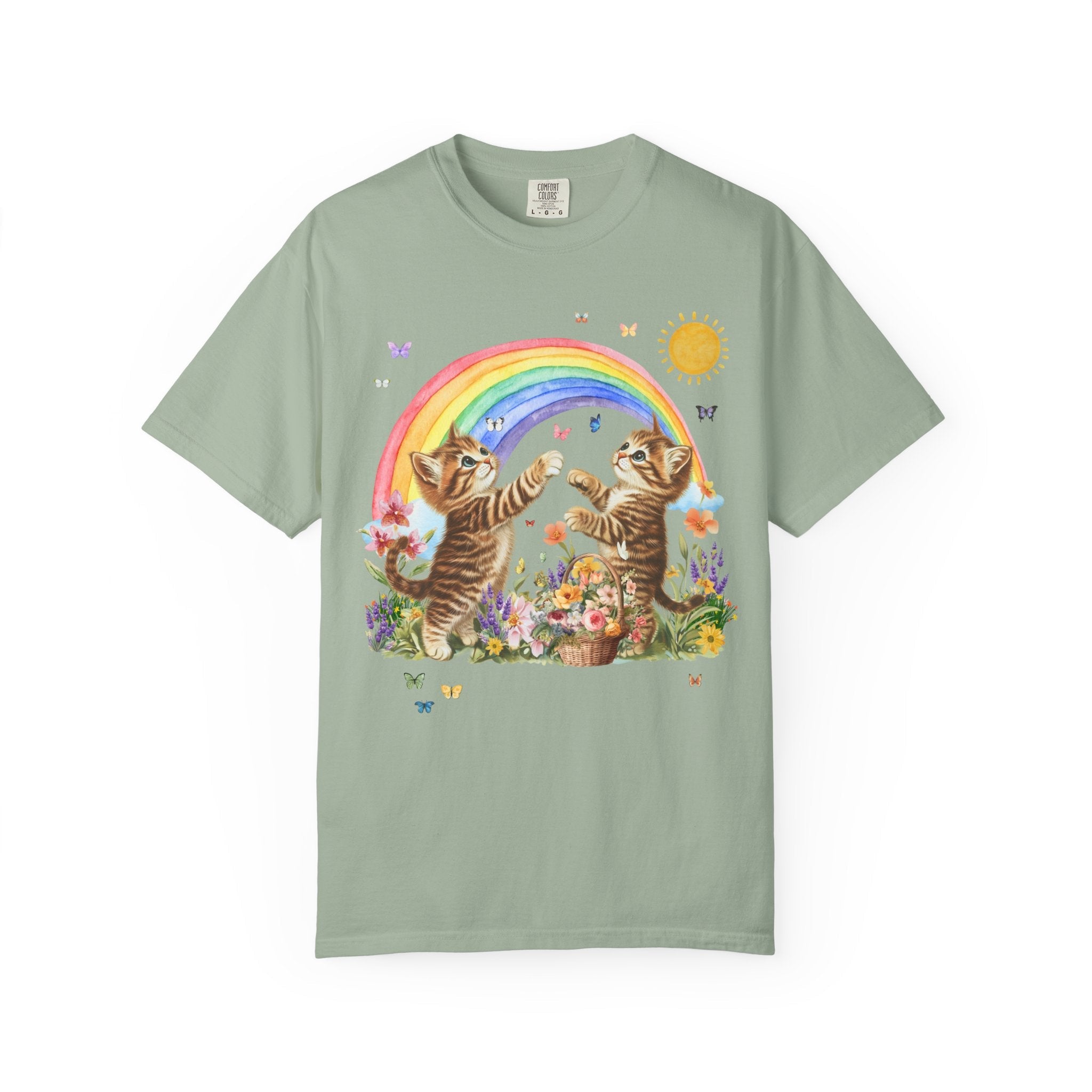 Floral Kitten Lover Tee Shirt with Flowers and Colorful Rainbow, Kitschy 90s Throwback T-Shirt with Butterflies, Cat Mom or Cat Dad Gift - Opal and June