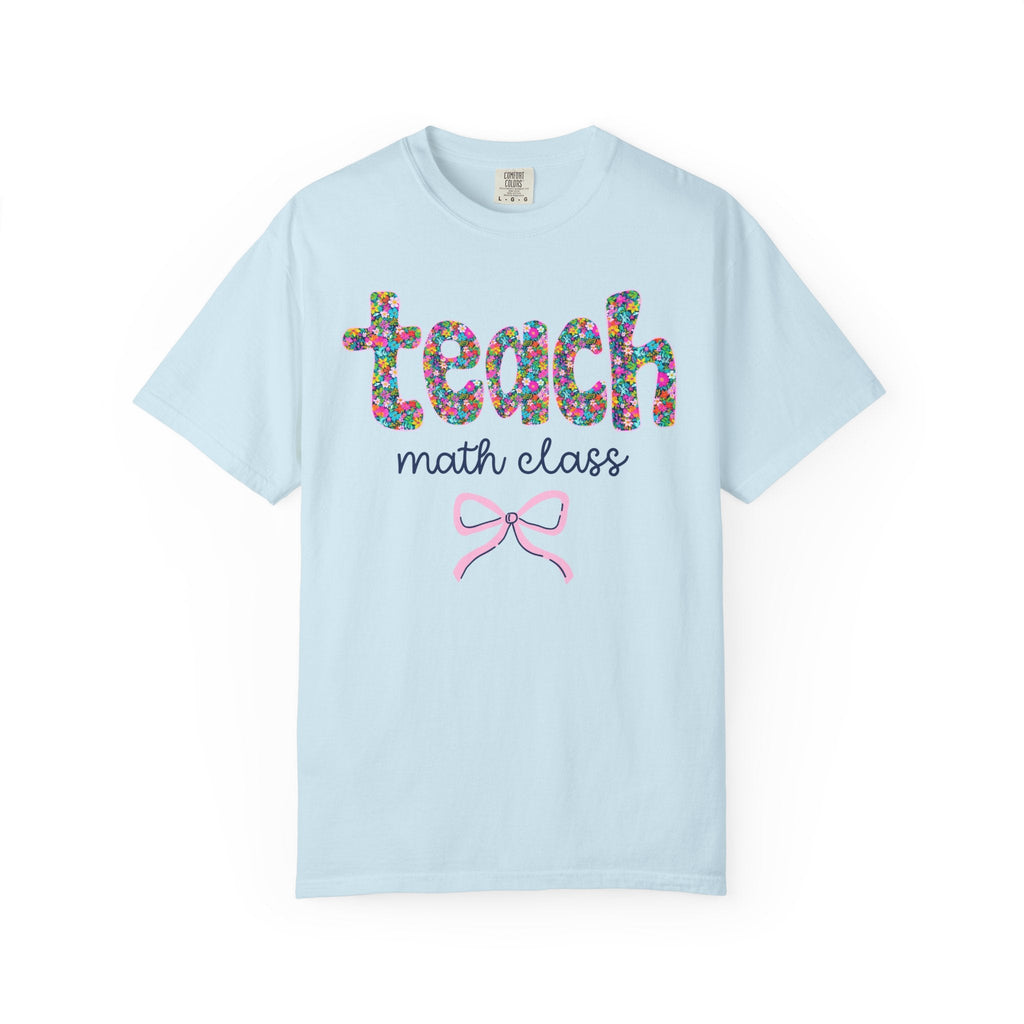 Floral Math Teacher Tee Shirt with Colorful Flowers and Bow, Teacher Team Tee for Back to School, New Teacher Gift, Teacher Appreciation - Opal and June