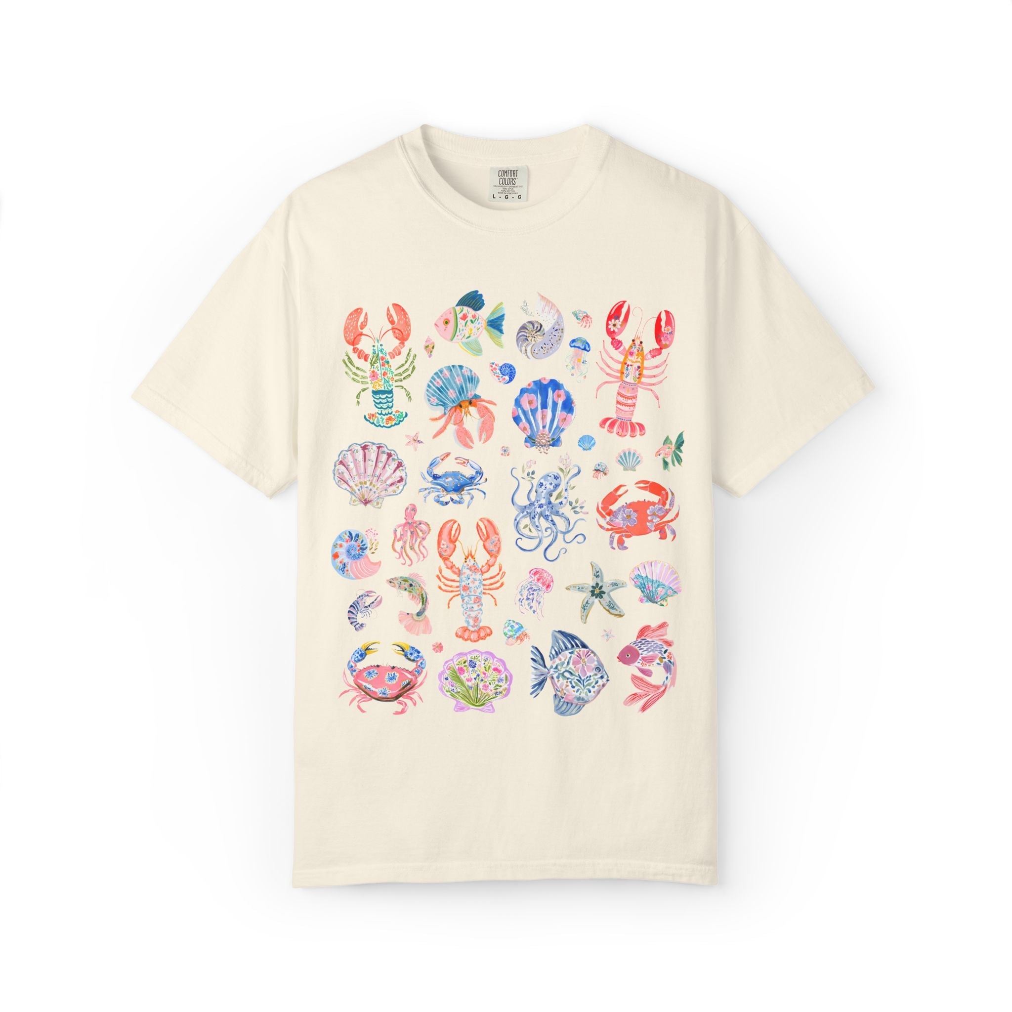 Floral Ocean Animal Lover Tee Shirt with Fish, Crabs, and Lobsters: Boho Flower Goblincore Tee for Trip to Beach, Matching Cruise Shirt - Opal and June