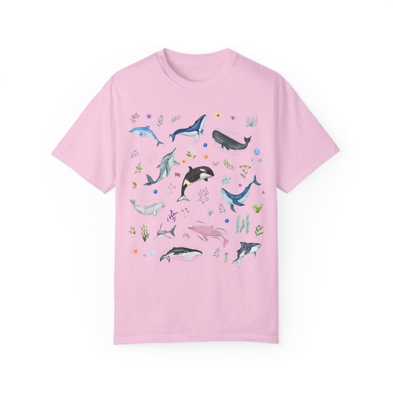 Floral Ocean Animal Tee Shirt for Cruise Vacation or Trip to Beach, Colorful Maximalist Whales and Dolphins, Shark Lover Shirt with Flowers - Opal and June