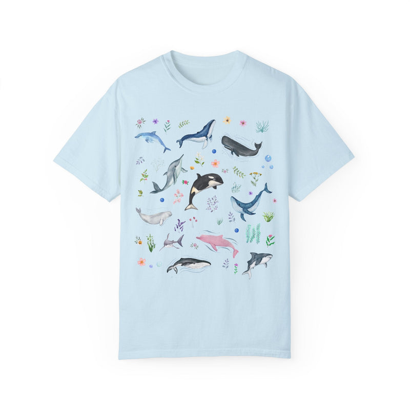 Floral Ocean Animal Tee Shirt for Cruise Vacation or Trip to Beach, Colorful Maximalist Whales and Dolphins, Shark Lover Shirt with Flowers - Opal and June