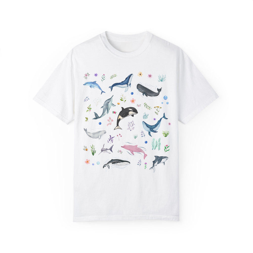 Floral Ocean Animal Tee Shirt for Cruise Vacation or Trip to Beach, Colorful Maximalist Whales and Dolphins, Shark Lover Shirt with Flowers - Opal and June