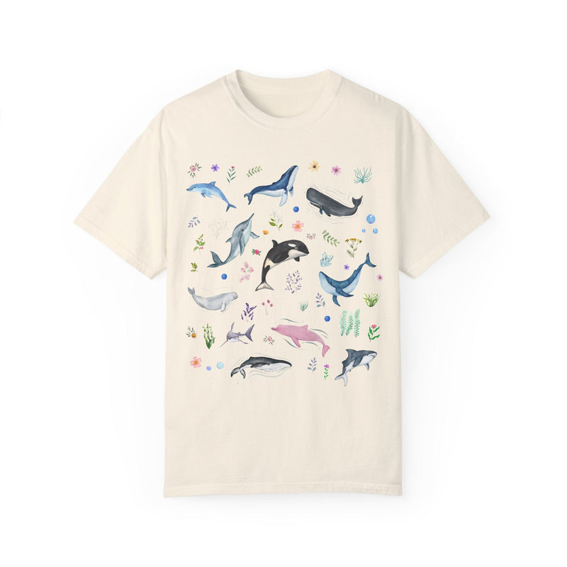 Floral Ocean Animal Tee Shirt for Cruise Vacation or Trip to Beach, Colorful Maximalist Whales and Dolphins, Shark Lover Shirt with Flowers - Opal and June