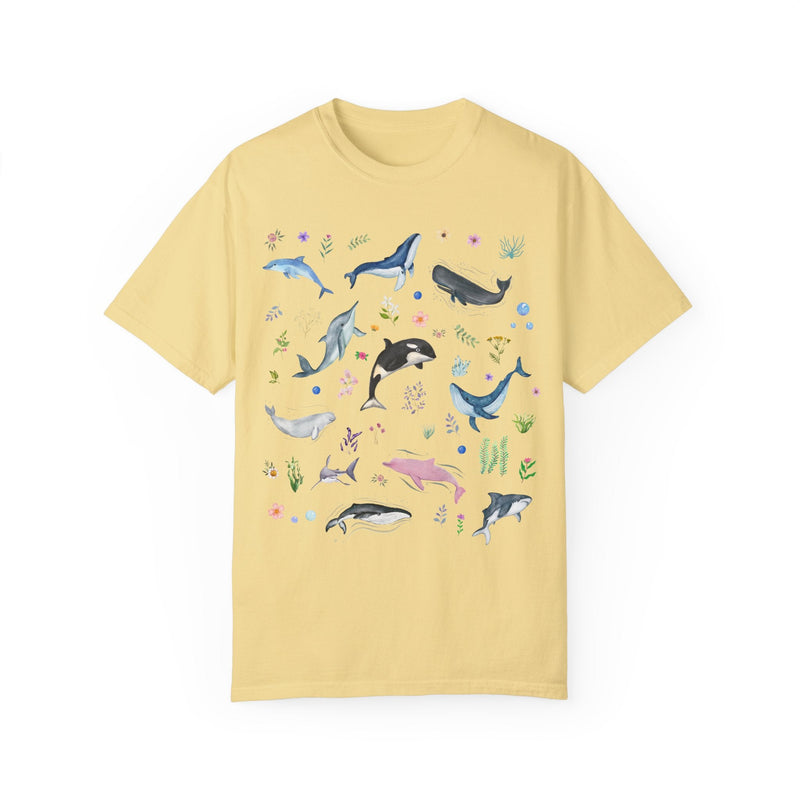 Floral Ocean Animal Tee Shirt for Cruise Vacation or Trip to Beach, Colorful Maximalist Whales and Dolphins, Shark Lover Shirt with Flowers - Opal and June
