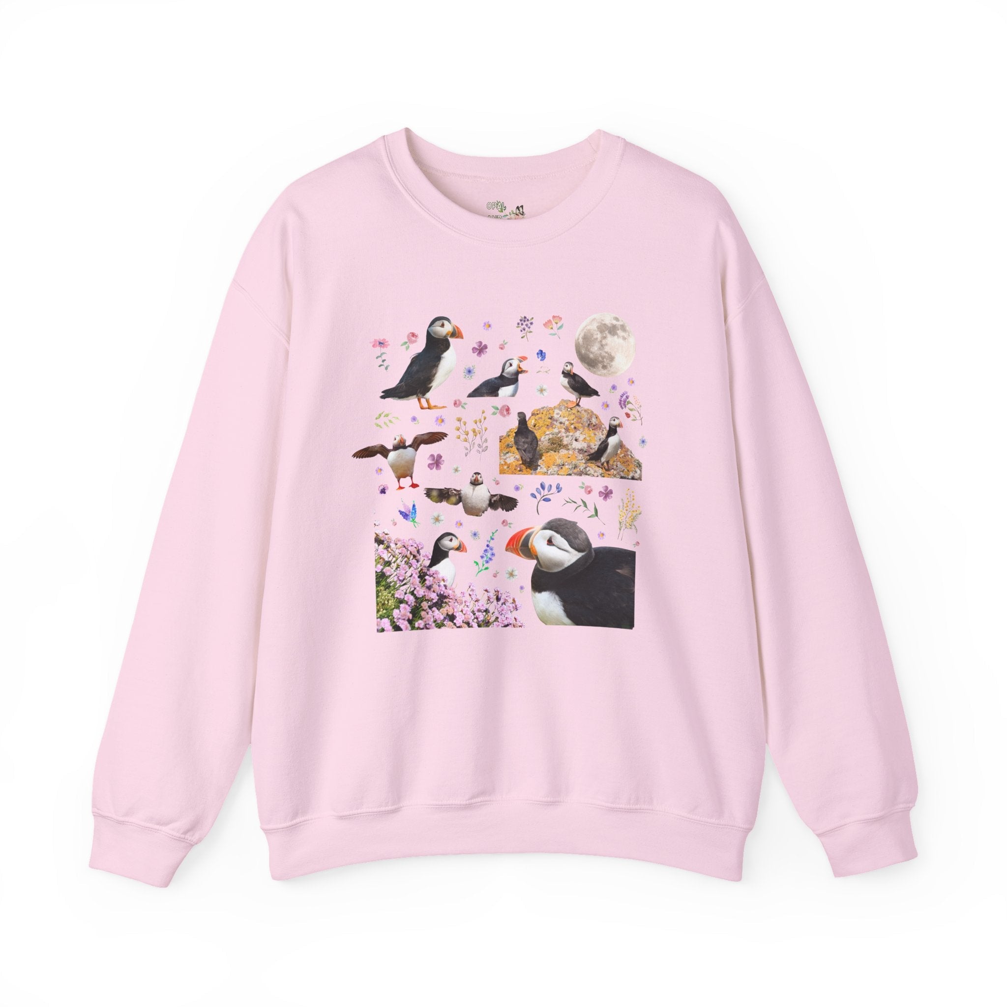 Floral Puffin Animal Lover Sweatshirt with Moon: Cute and Nostalgic Bird Lover or Watcher Crewneck, Marine Biologist, Conservation Scientist Gift - Opal and June