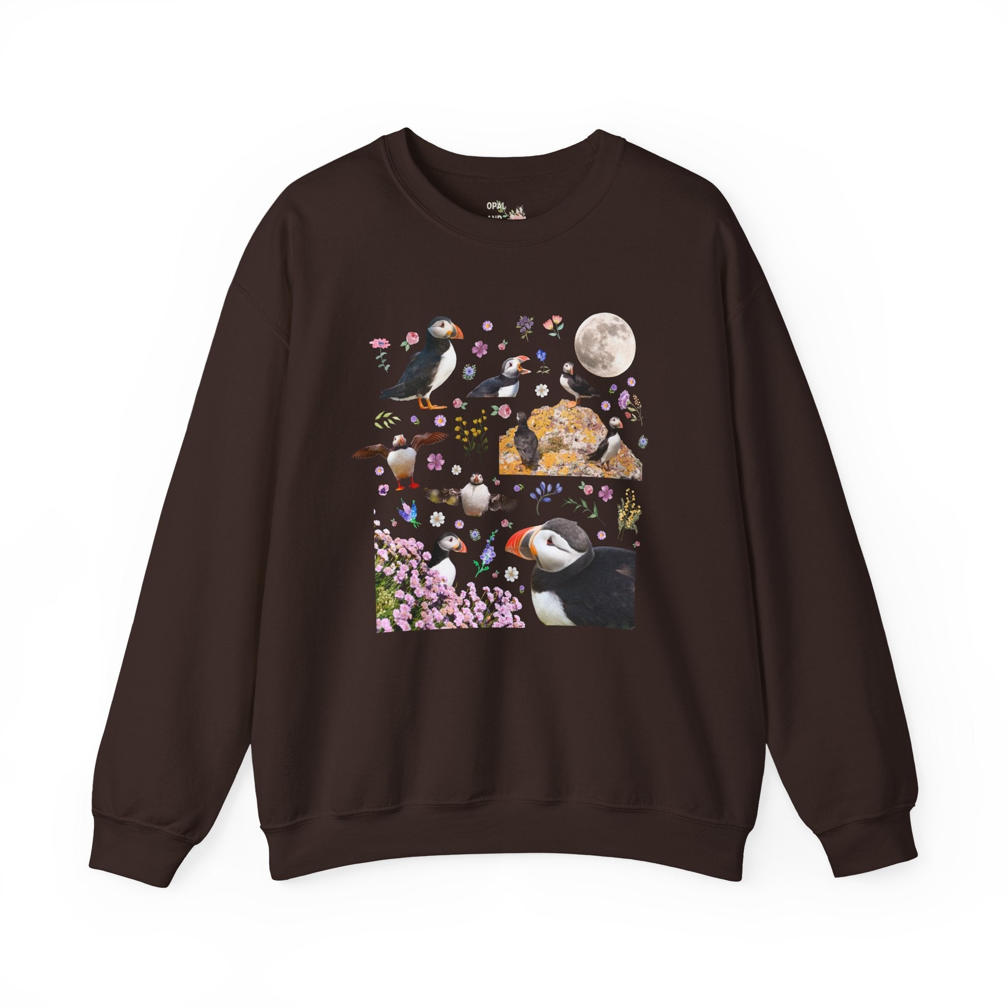 Floral Puffin Animal Lover Sweatshirt with Moon: Cute and Nostalgic Bird Lover or Watcher Crewneck, Marine Biologist, Conservation Scientist Gift - Opal and June