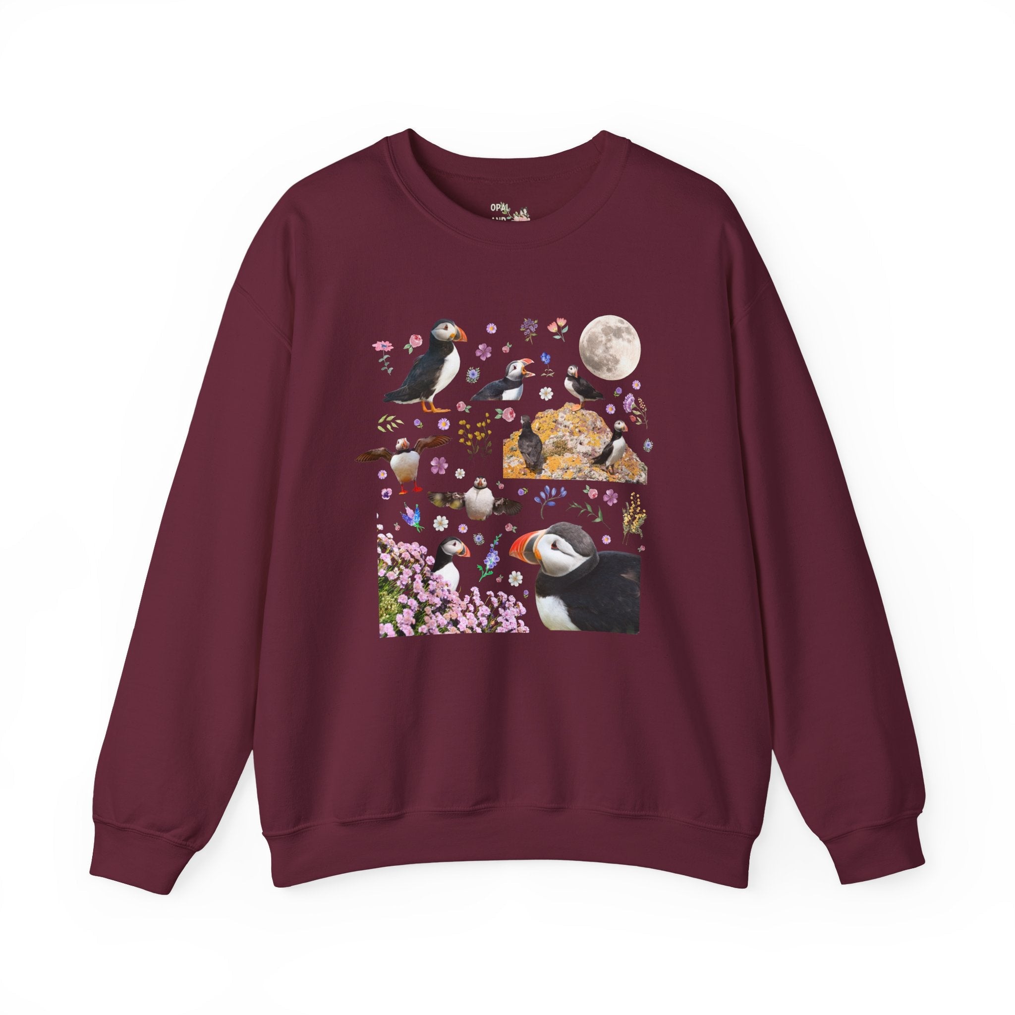 Floral Puffin Animal Lover Sweatshirt with Moon: Cute and Nostalgic Bird Lover or Watcher Crewneck, Marine Biologist, Conservation Scientist Gift - Opal and June
