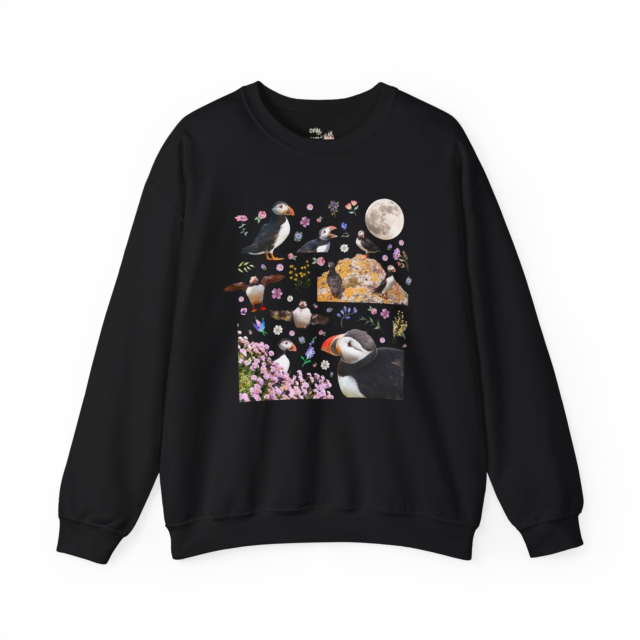 Floral Puffin Animal Lover Sweatshirt with Moon: Cute and Nostalgic Bird Lover or Watcher Crewneck, Marine Biologist, Conservation Scientist Gift - Opal and June