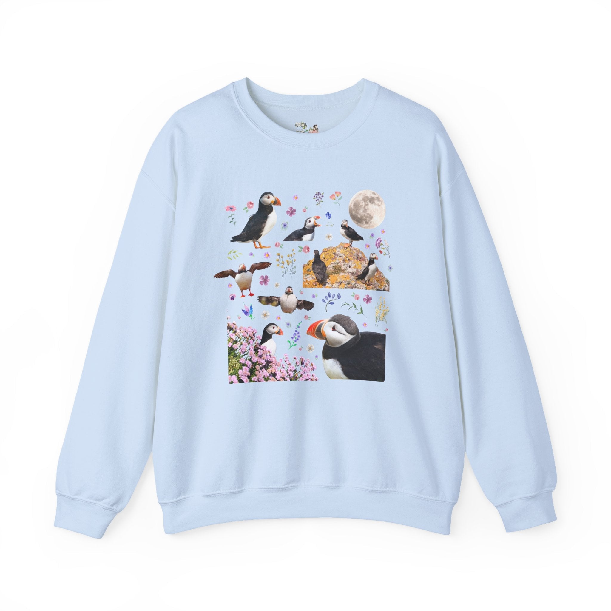 Floral Puffin Animal Lover Sweatshirt with Moon: Cute and Nostalgic Bird Lover or Watcher Crewneck, Marine Biologist, Conservation Scientist Gift - Opal and June