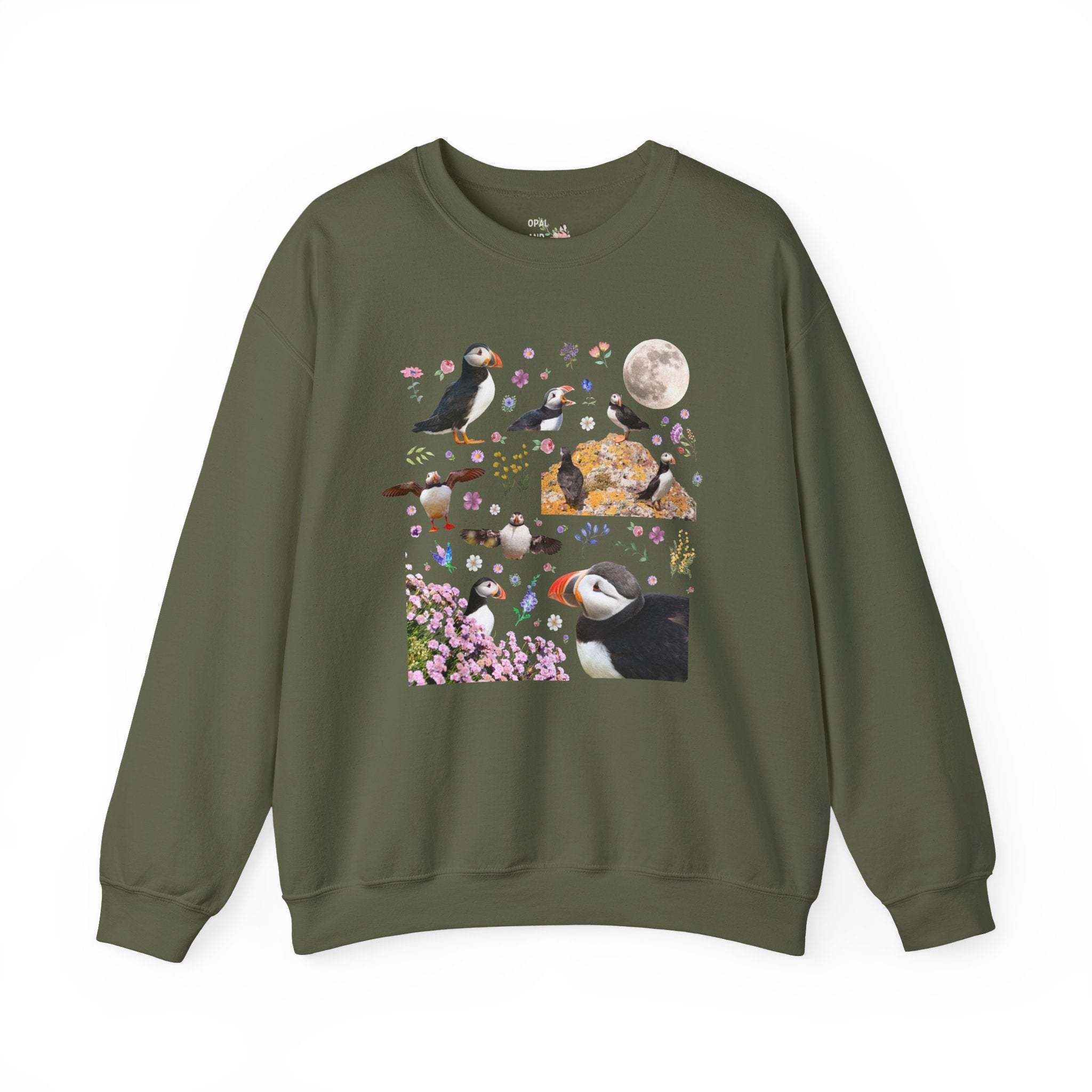 Floral Puffin Animal Lover Sweatshirt with Moon: Cute and Nostalgic Bird Lover or Watcher Crewneck, Marine Biologist, Conservation Scientist Gift - Opal and June