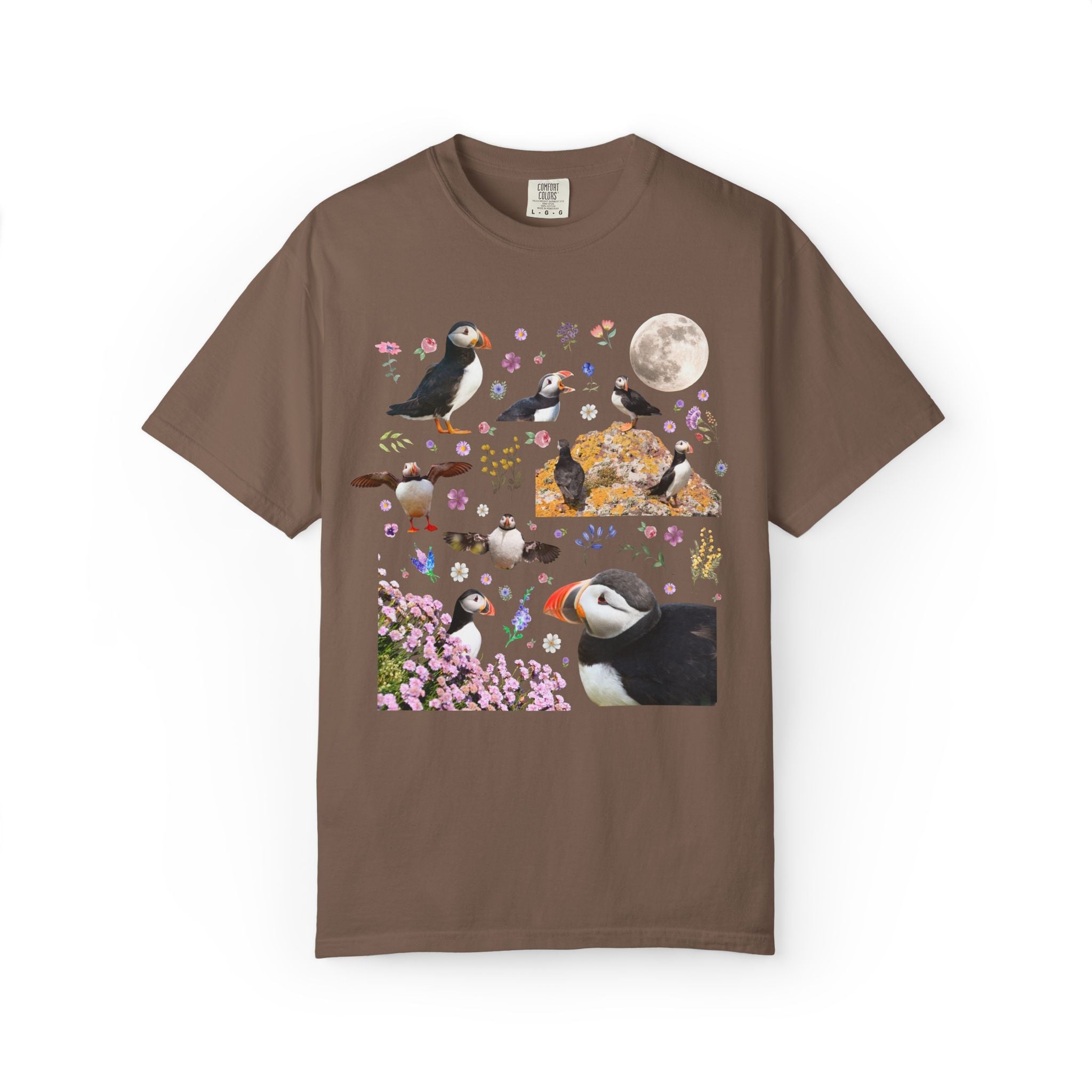 Floral Puffin Animal Lover Tee Shirt with Moon: Cute and Nostalgic Bird Lover or Watcher Tee, Marine Biologist, Conservation Scientist Gift - Opal and June