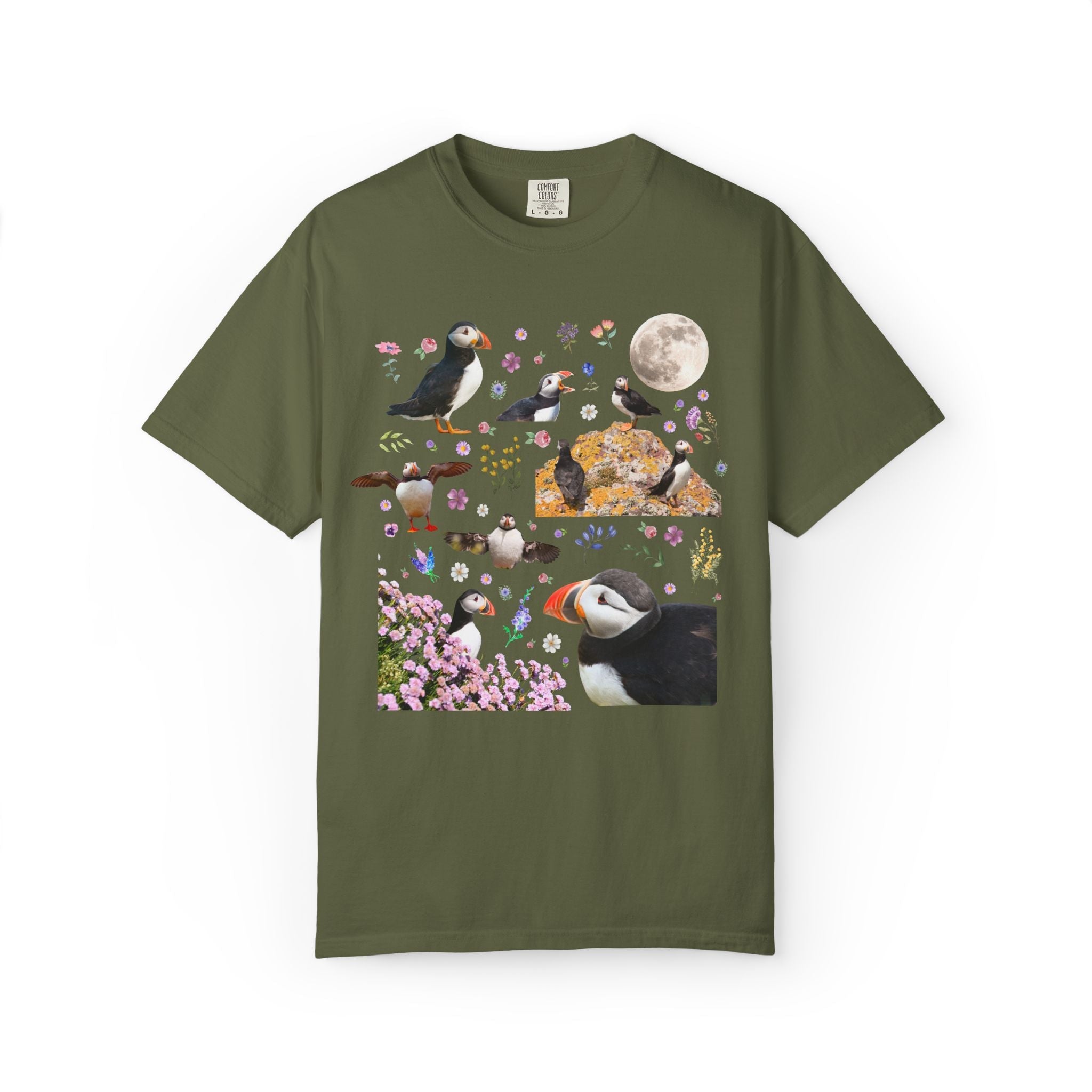 Floral Puffin Animal Lover Tee Shirt with Moon: Cute and Nostalgic Bird Lover or Watcher Tee, Marine Biologist, Conservation Scientist Gift - Opal and June