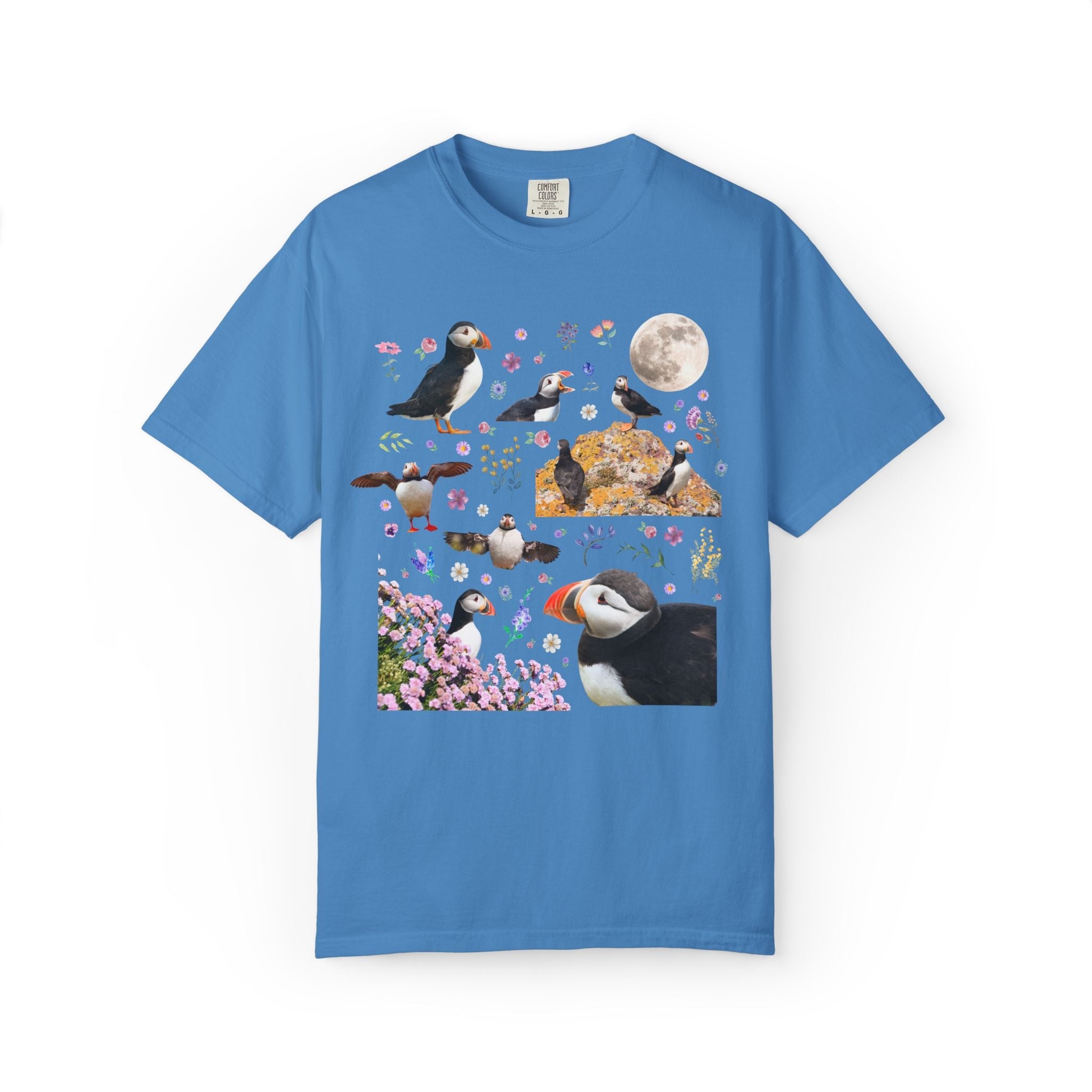 Floral Puffin Animal Lover Tee Shirt with Moon: Cute and Nostalgic Bird Lover or Watcher Tee, Marine Biologist, Conservation Scientist Gift - Opal and June