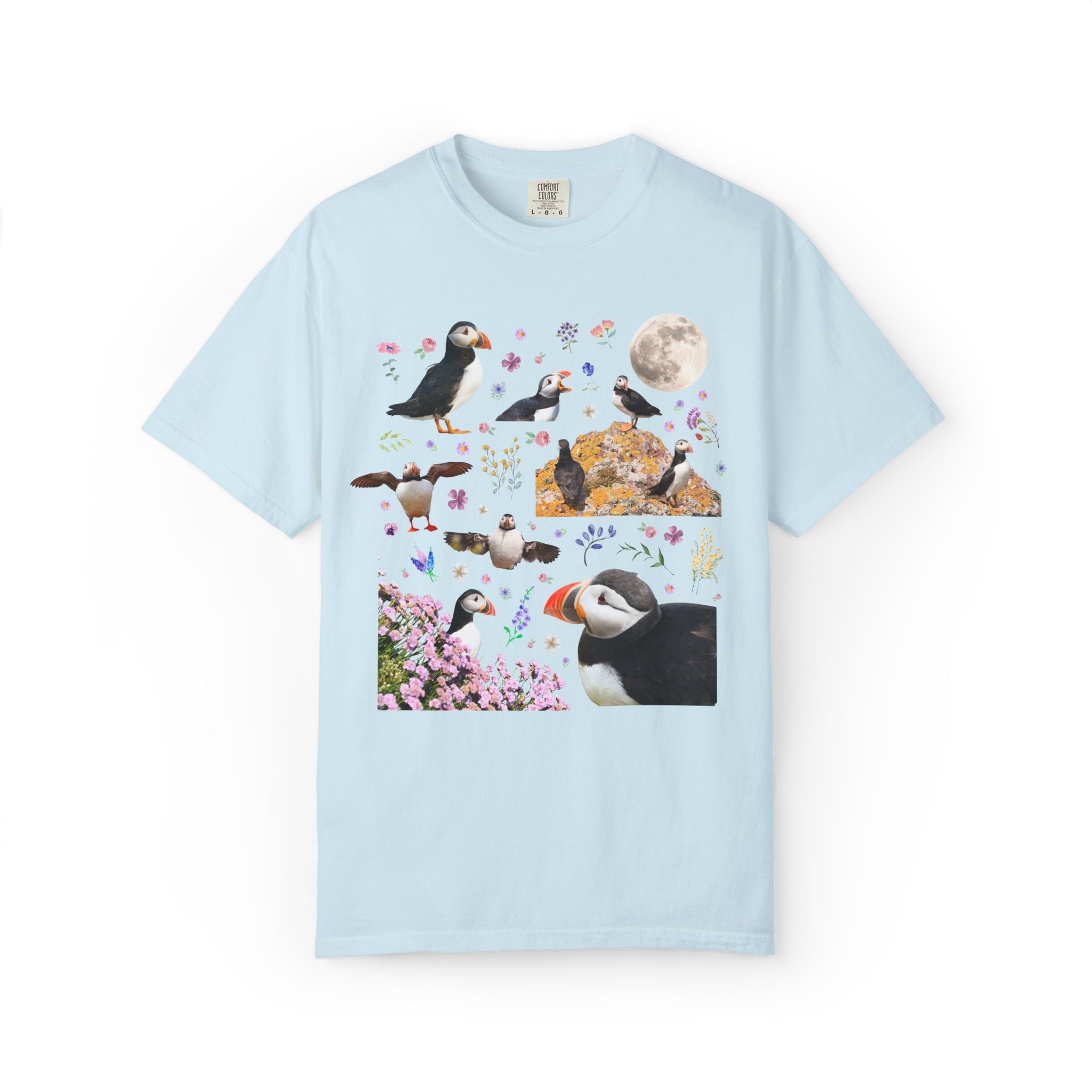 Floral Puffin Animal Lover Tee Shirt with Moon: Cute and Nostalgic Bird Lover or Watcher Tee, Marine Biologist, Conservation Scientist Gift - Opal and June