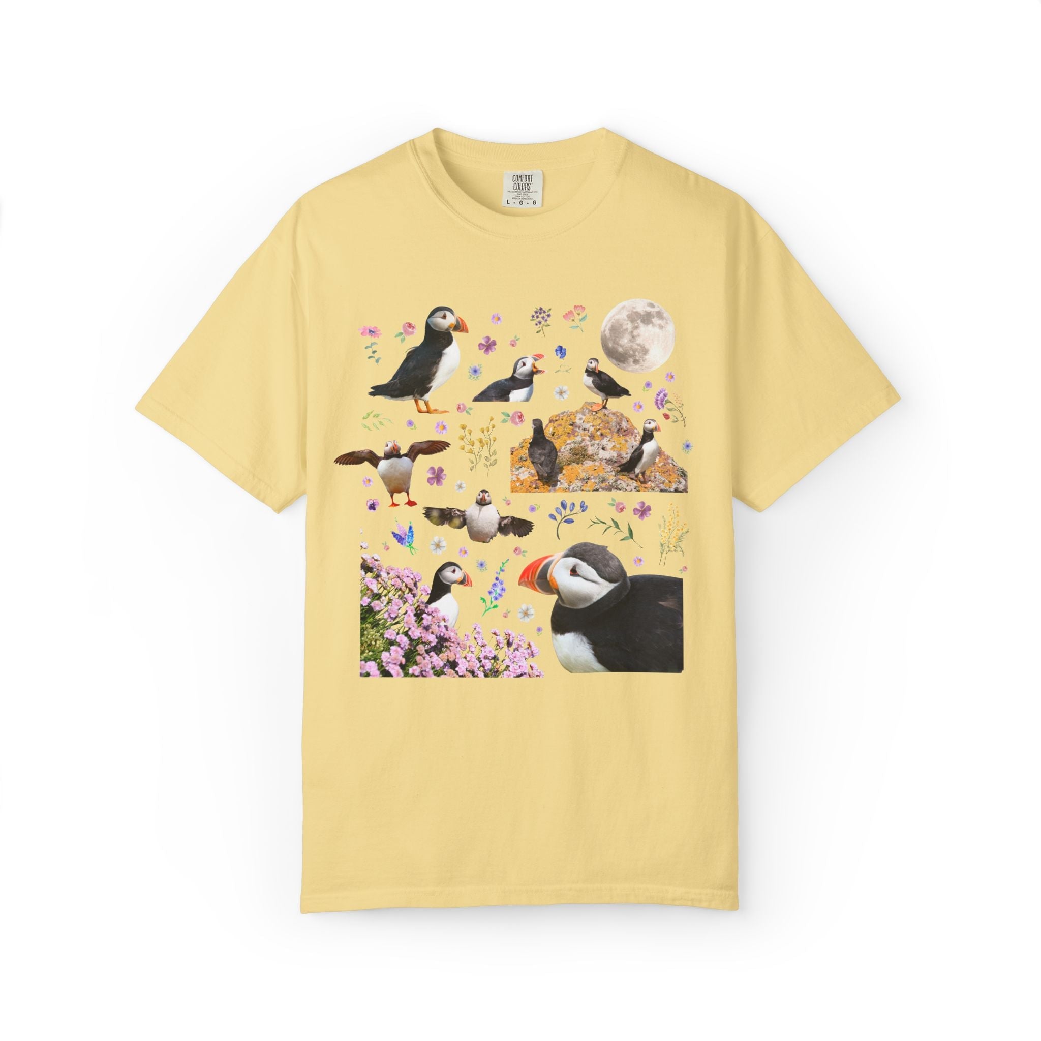 Floral Puffin Animal Lover Tee Shirt with Moon: Cute and Nostalgic Bird Lover or Watcher Tee, Marine Biologist, Conservation Scientist Gift - Opal and June