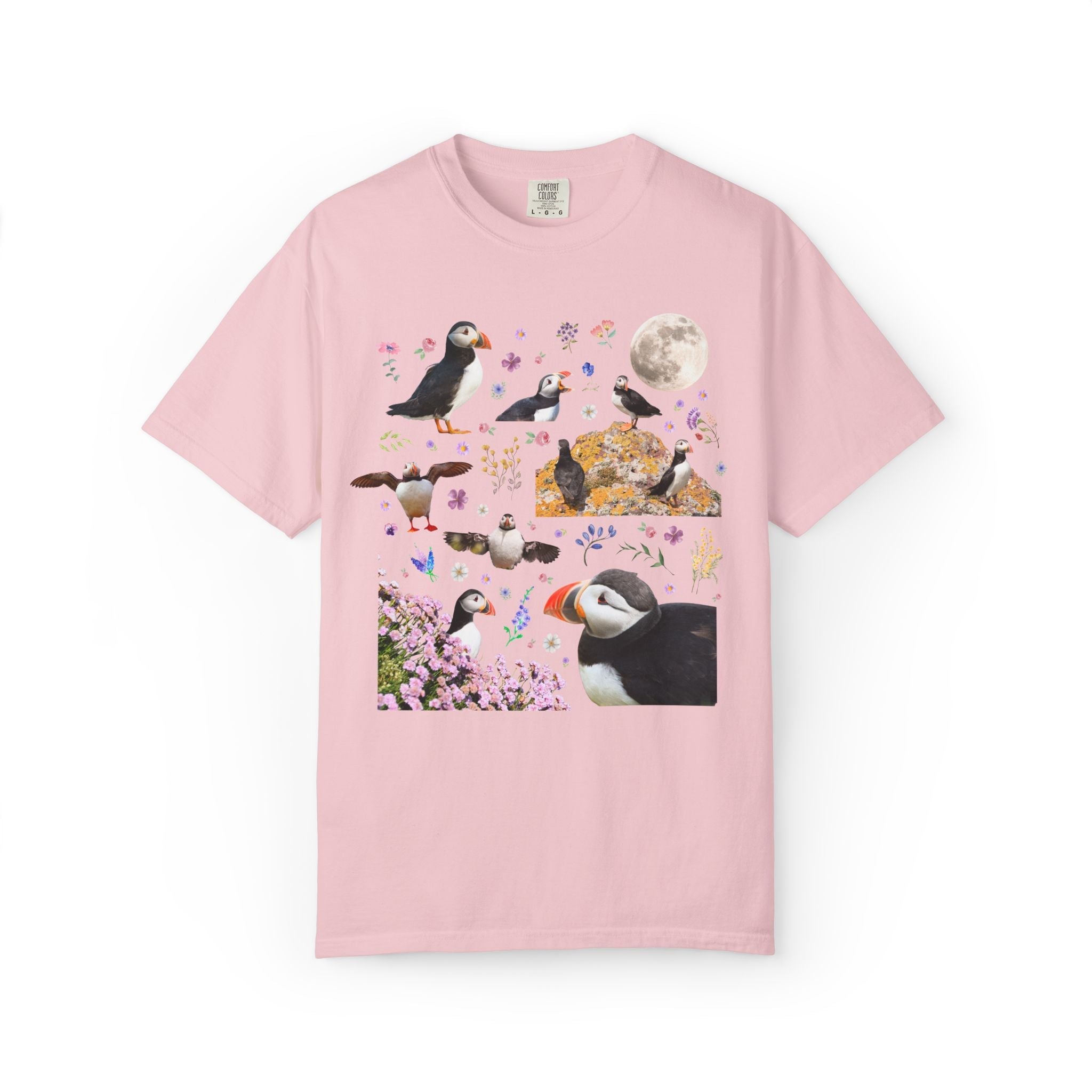 Floral Puffin Animal Lover Tee Shirt with Moon: Cute and Nostalgic Bird Lover or Watcher Tee, Marine Biologist, Conservation Scientist Gift - Opal and June