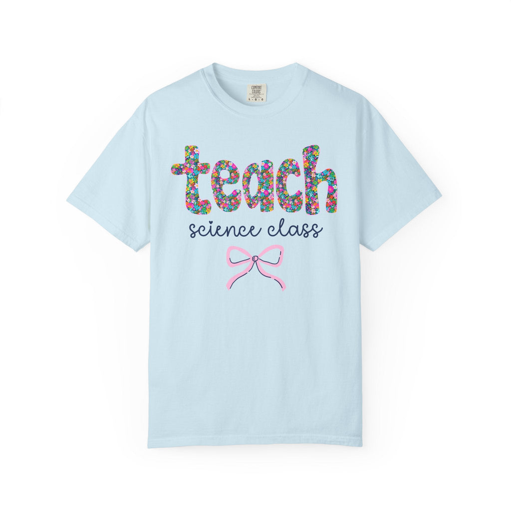 Floral Science Teacher Tee Shirt with Colorful Flowers and Bow, Teacher Team Tee for Back to School, New Teacher Gift, Teacher Appreciation - Opal and June