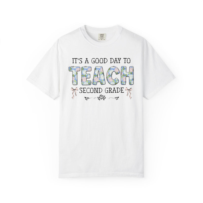 Floral Second Grade Teacher Tee Shirt with Cute Bows, Matching Back to School T-Shirt with Flowers, First Day of School Teacher Team Shirt - Opal and June