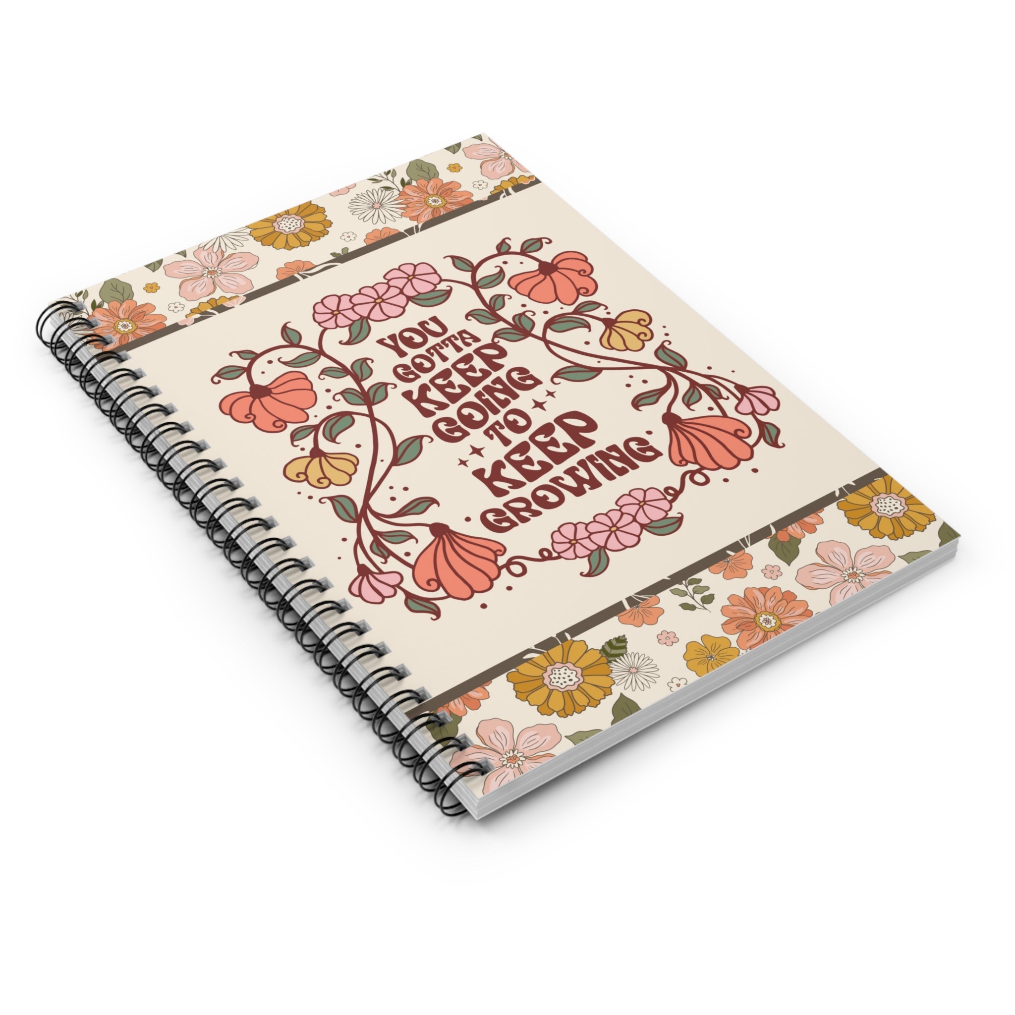 Floral Spiral Notebook with 70s Retro Aesthetic: Keep Going Keep Growing - Opal and June