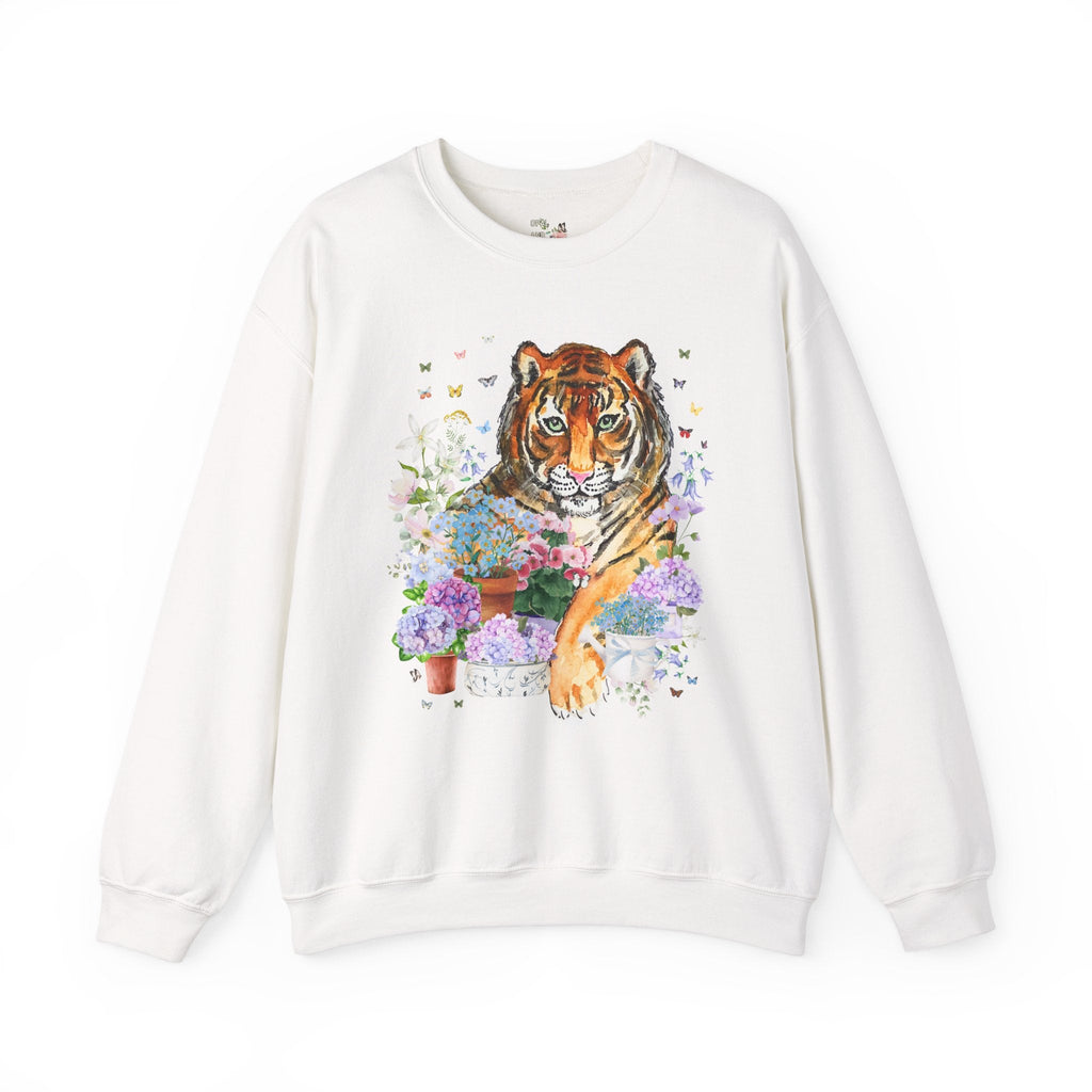 Floral Tiger Lover Sweatshirt with Butterflies, Colorful Maximalist Weirdcore Dreamcore Crewneck for Animal Lover, Cute Gardening Shirt - Opal and June