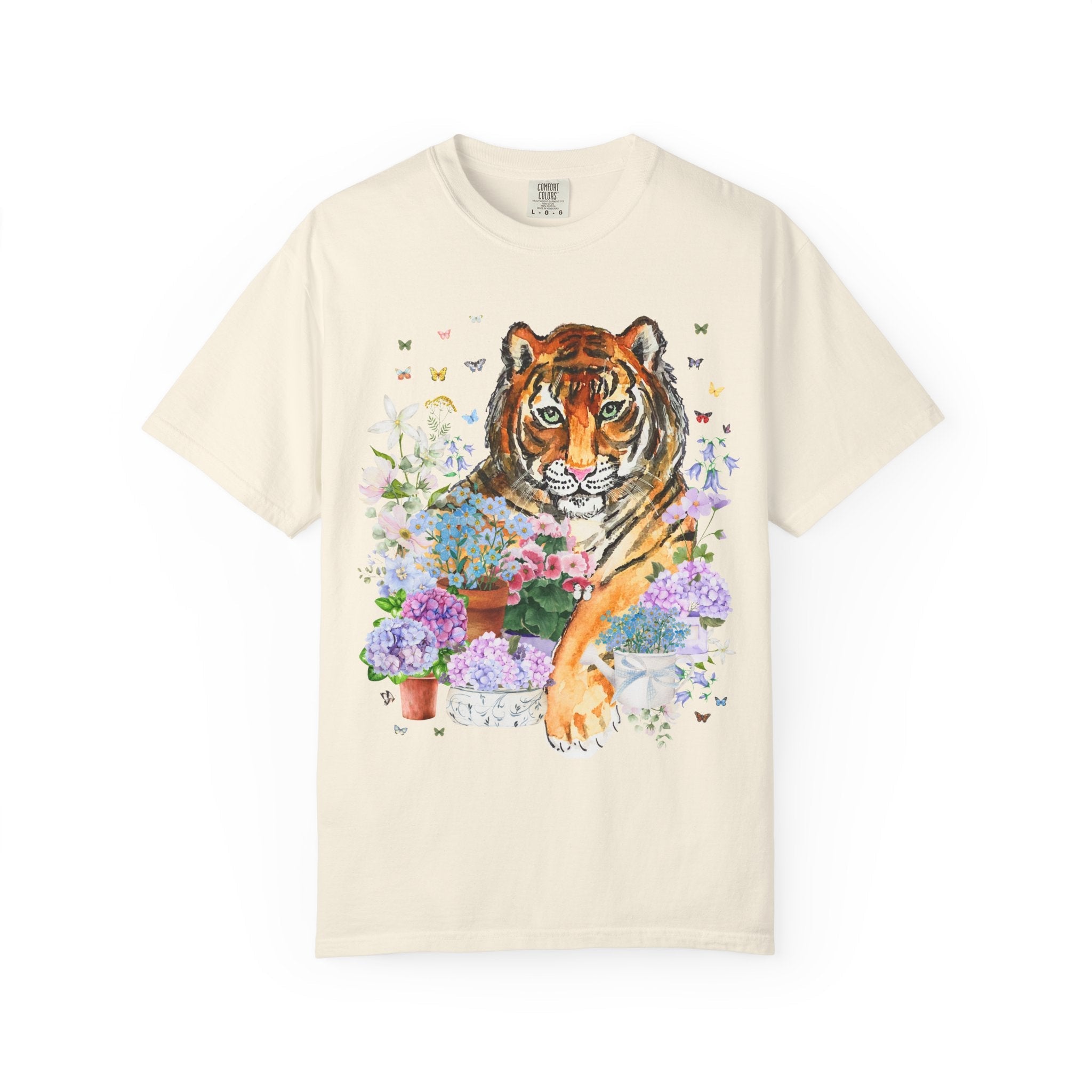 Floral Tiger Lover Tee Shirt with Butterflies, Colorful Maximalist Weirdcore Dreamcore Tee Shirt for Animal Lover, Butterfly Lover Present - Opal and June